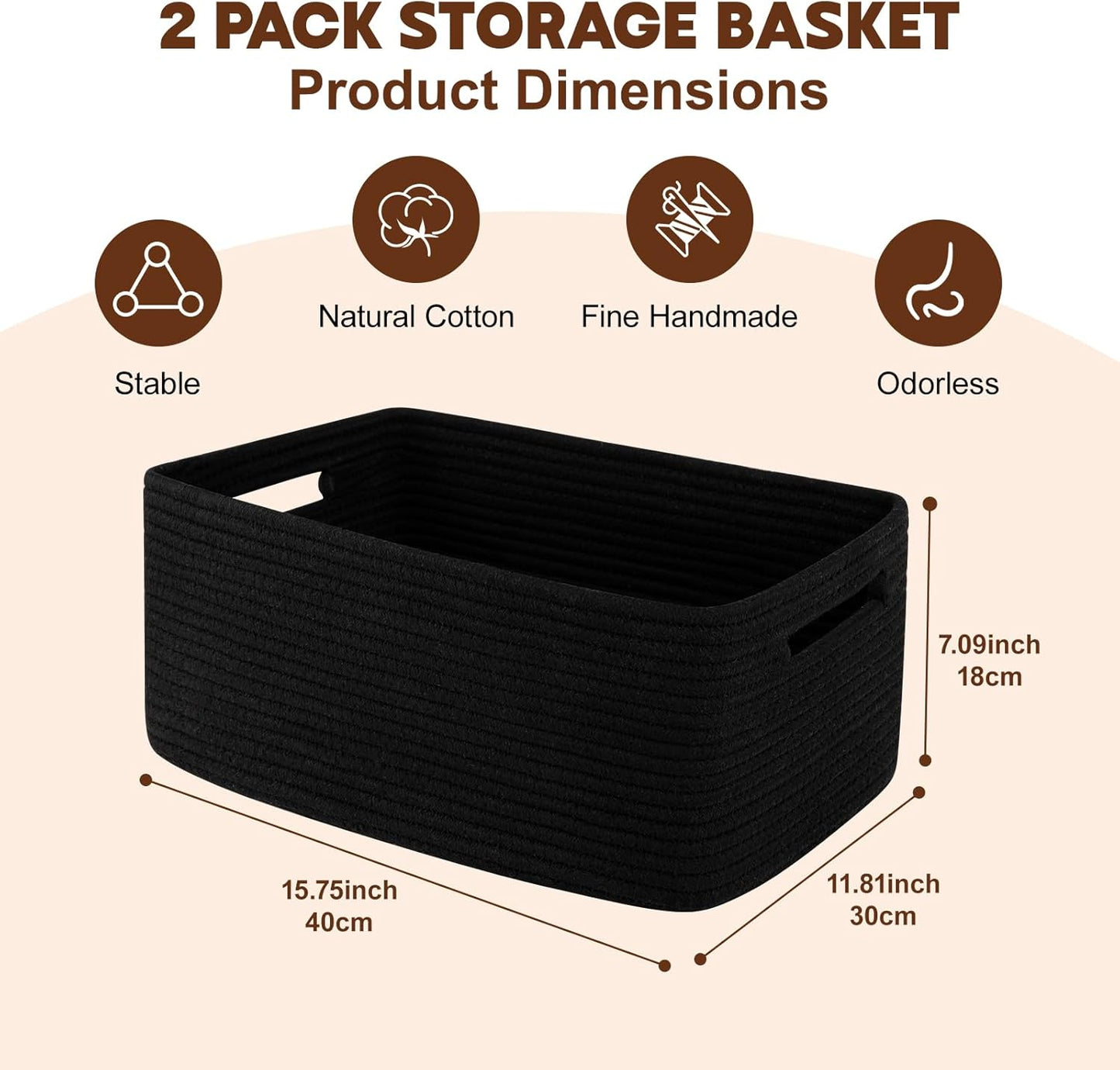 OIAHOMY Storage Basket for Shelves, Closet Cube Storage Bins Baskets for Clothes Blanket Towels, Baby Nursery, Toy Baskets Box, Woven Rope Basket, 15.75*11.81*7.09 IN, 2 Packs Black