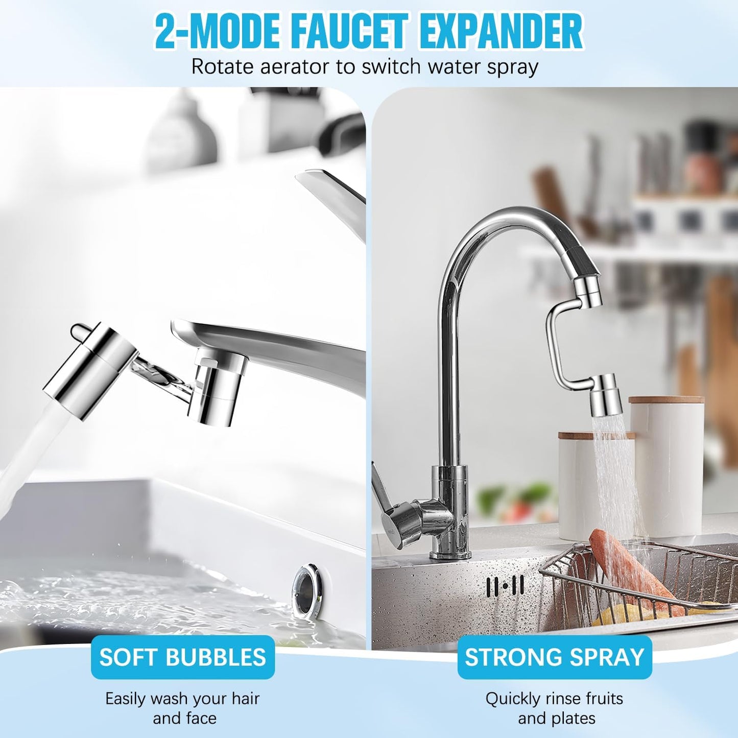 Universal Sink Faucet 1440° Rotatable Faucet Aerator Extension, U Shaped Faucet Extender for Toddlers 2 Modes Adjustable, Flexiflow 1080° Rotating Faucet Extender for Bathroom Sink/Kitchen(Silver)