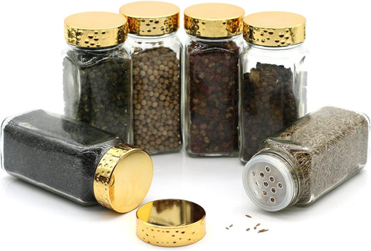 6pcs Gold Spice Jars, 4 oz Glass Seasoning Bottles, Spices Container, Empty Spice Jars, Square Spice Bottles with Airtight Plastic Caps with Shaker Lids