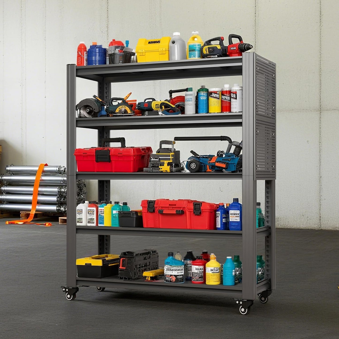 78" H 5-Shelf Metal Storage Shelves, 2000 lbs Garage Shelving Unit with Pegboard, Adjustable Industrial Heavy Duty Storage Rack with Wheels, 47.2" W x 18" D for Pantry Basement, Black