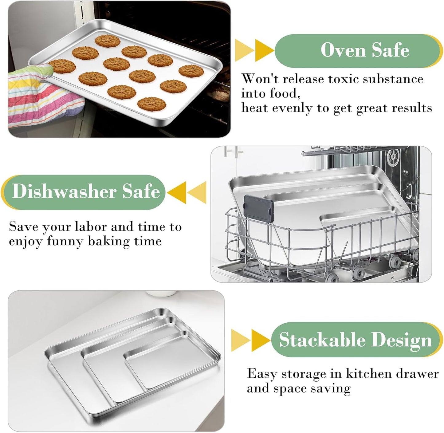 TeamFar Baking Sheet with Rack Set (3 Pans + 3 Racks), Stainless Steel Baking Pan Cookie Sheet with Cooling Rack, Non Toxic & Heavy Duty, Easy Clean & Dishwasher Safe