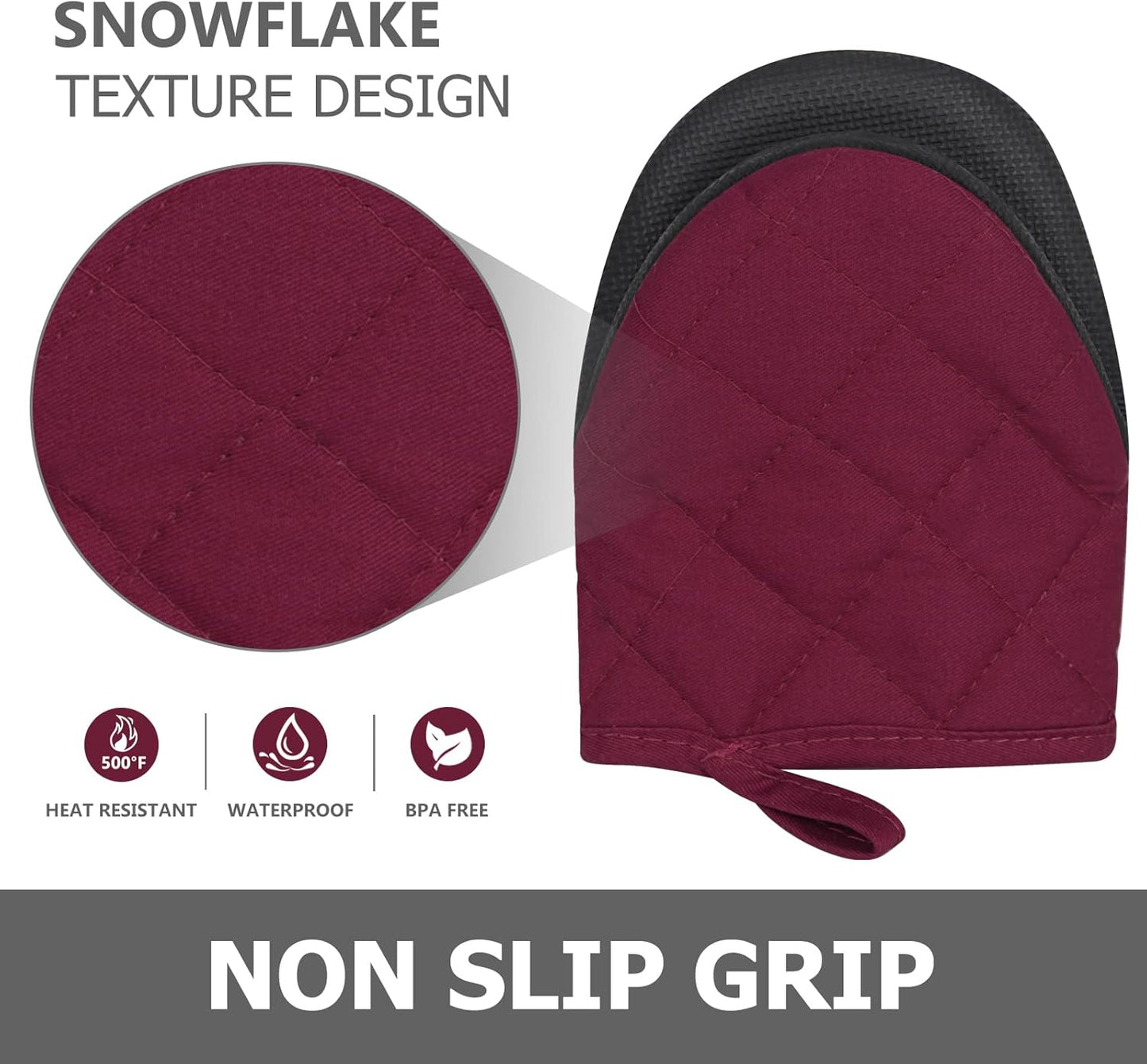 Qulable 1 Pair Short Oven Mitts - Silicone Kitchen Oven Gloves High Heat Resistant 500℉, Mini Oven Mits with Non-Slip Grip Surfaces and Hanging Loop for BBQ, Baking, Cooking and Grilling (Dark Red)