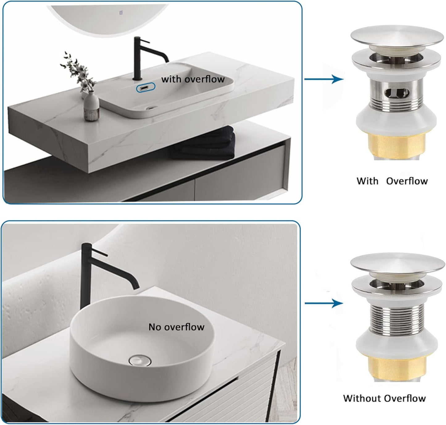 Bathroom Sink Drain,Drain Stopper Bathroom Sink Without Overflow,Pop Up Drain Assembly with Detachable Strainer Basket,Built-in Anti-Clogging Strainer,Stainless Steel Brushed Nickel