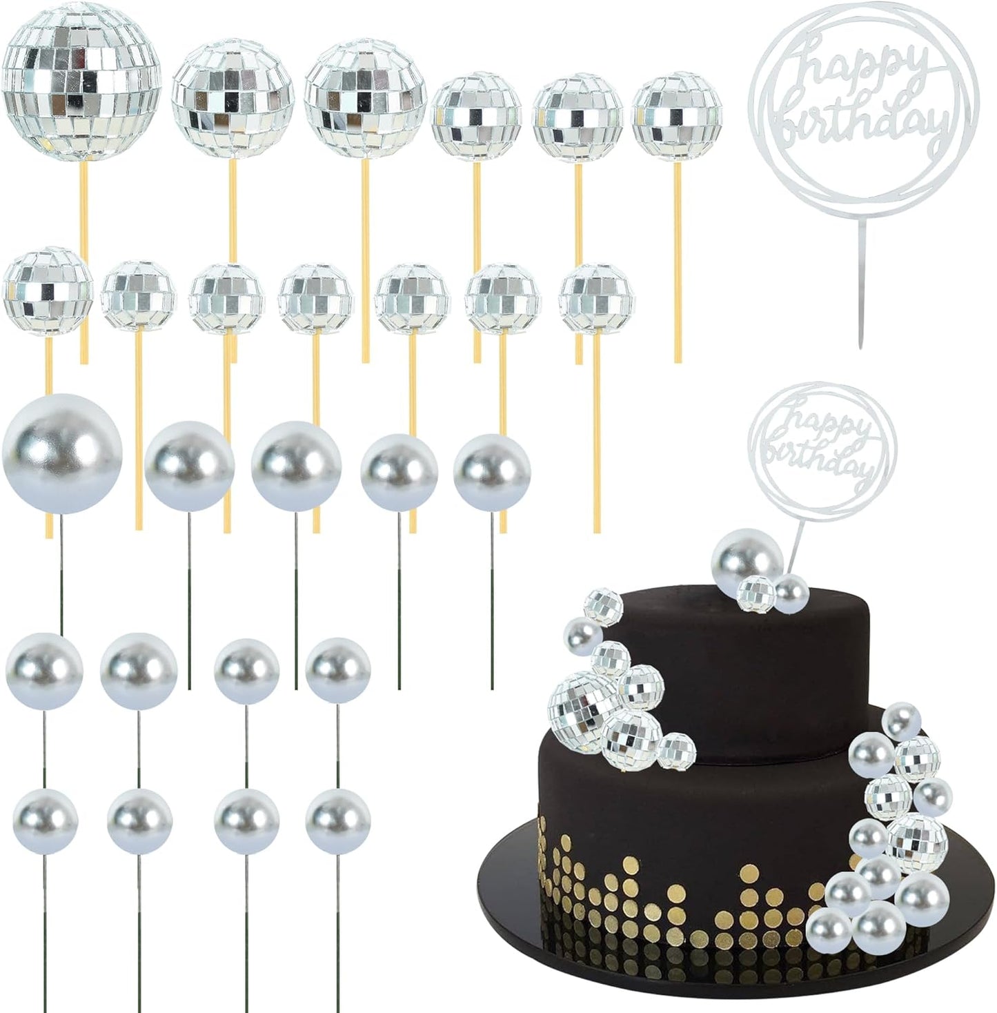 BEISHIDA 27 PCS Disco Ball Cake Toppers - Mini Mirror Ball Cupcake Toppers for Disco Theme Party, 70s 80s Party Decorations, Birthday, Wedding, Anniversary, Baby Shower, and Retro Celebration
