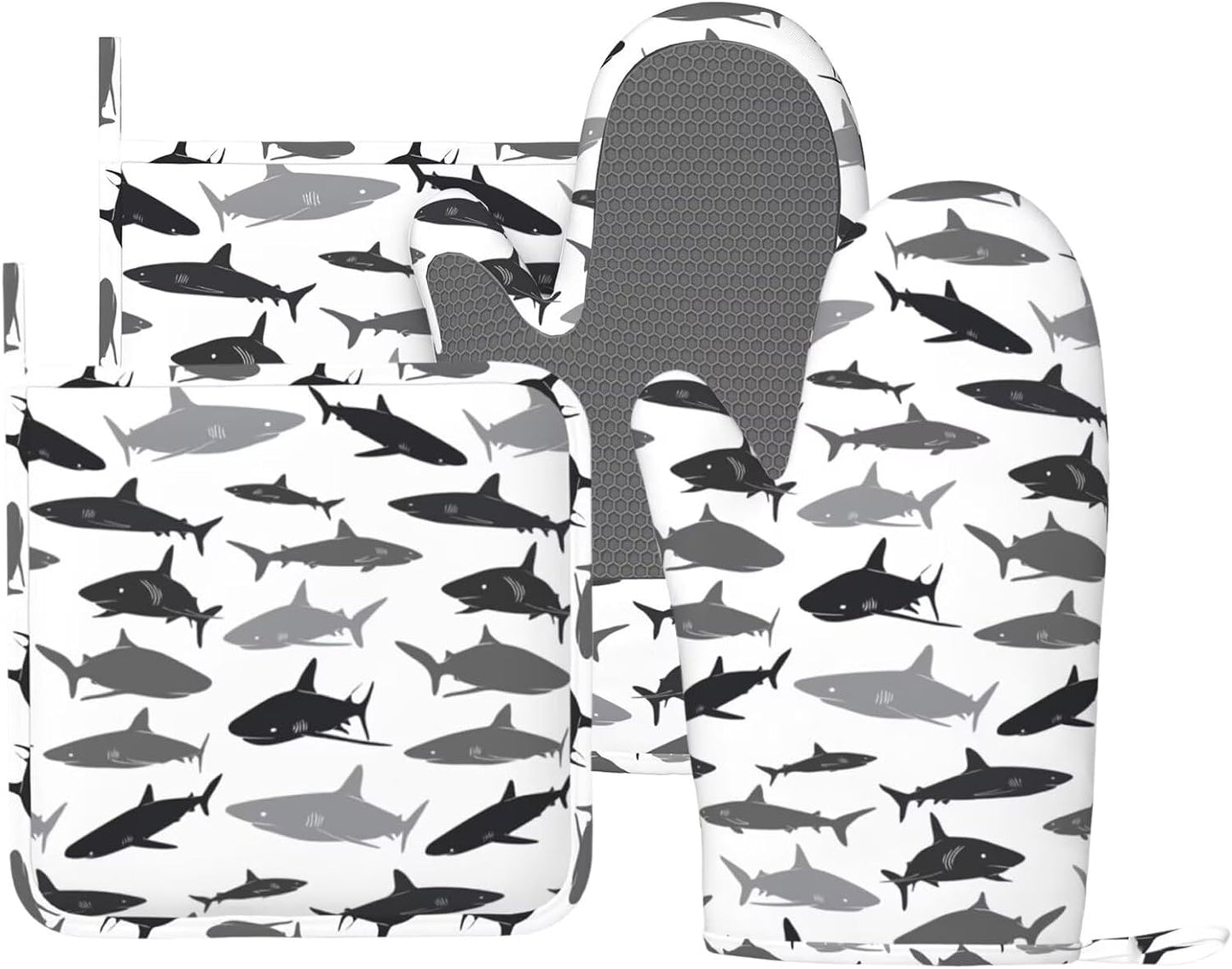Sharks Oven Mitts and Pot Holders Set of 4 Silicone Sea Animal Kitchen Mitten Gloves and Non-Slip Shark Potholders Set Heat Resistant Oven Gloves Hot Holders for Kitchen