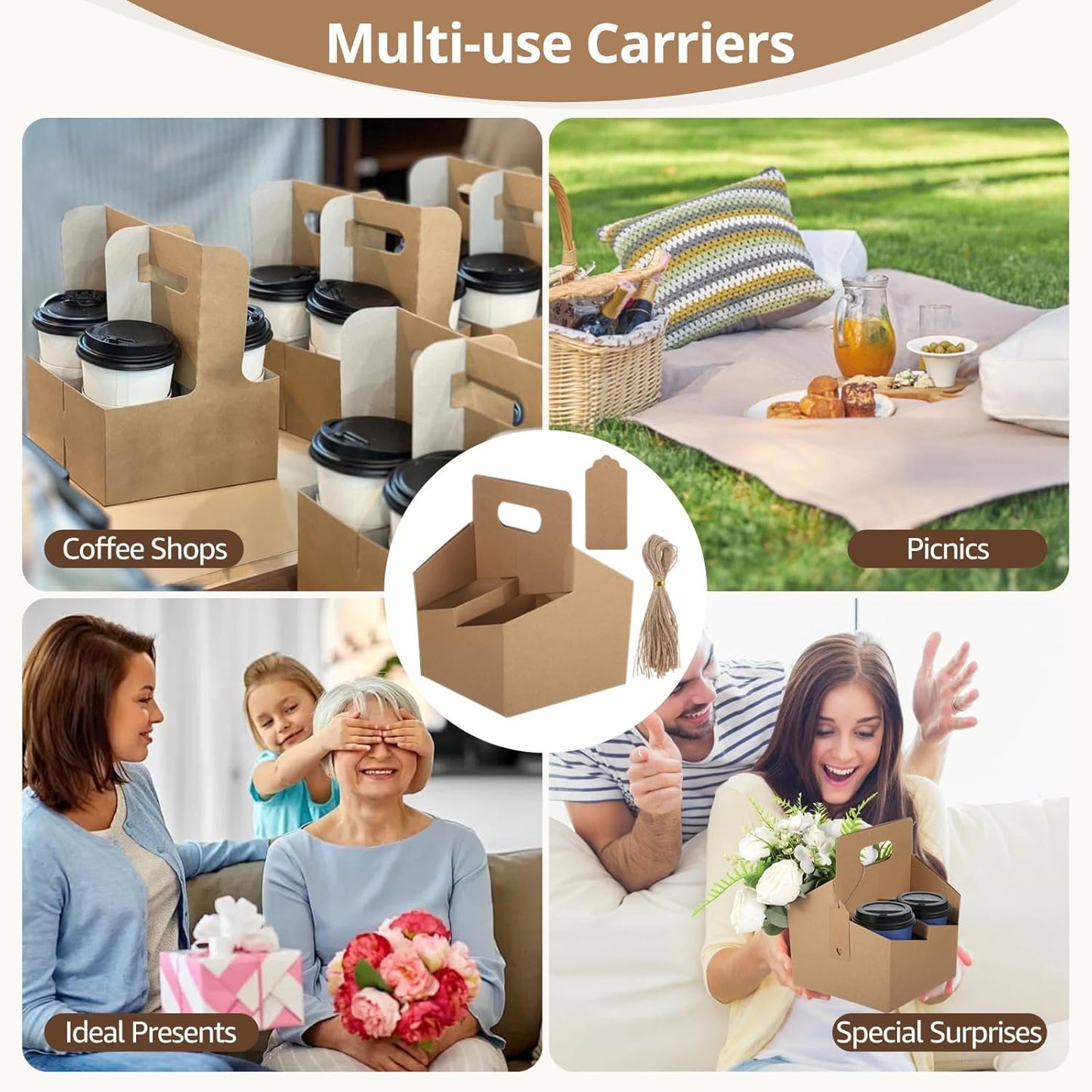 50 Sets Drink Carriers with Handles, 4-Cup Disposable Cup Holder Cardboard, Coffee Cup Holders with Cards & Ropes, Takeout Beverage Holders, Serve Cold & Hot Drinks