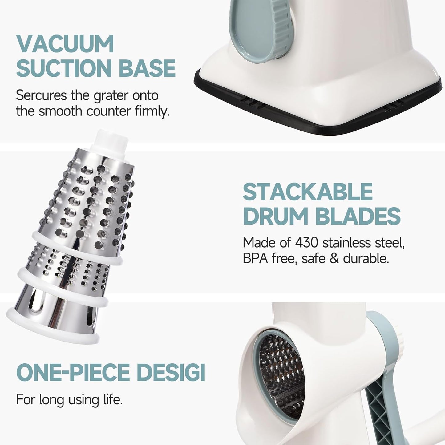 Rotary Cheese Grater Hand Crank Cheese Shredder Vegetable Mandoline Slicer for Kitchen 3 in 1 Changeable Blades for Cheese Potato Nuts Chocolate Ice (WhiteBlue)