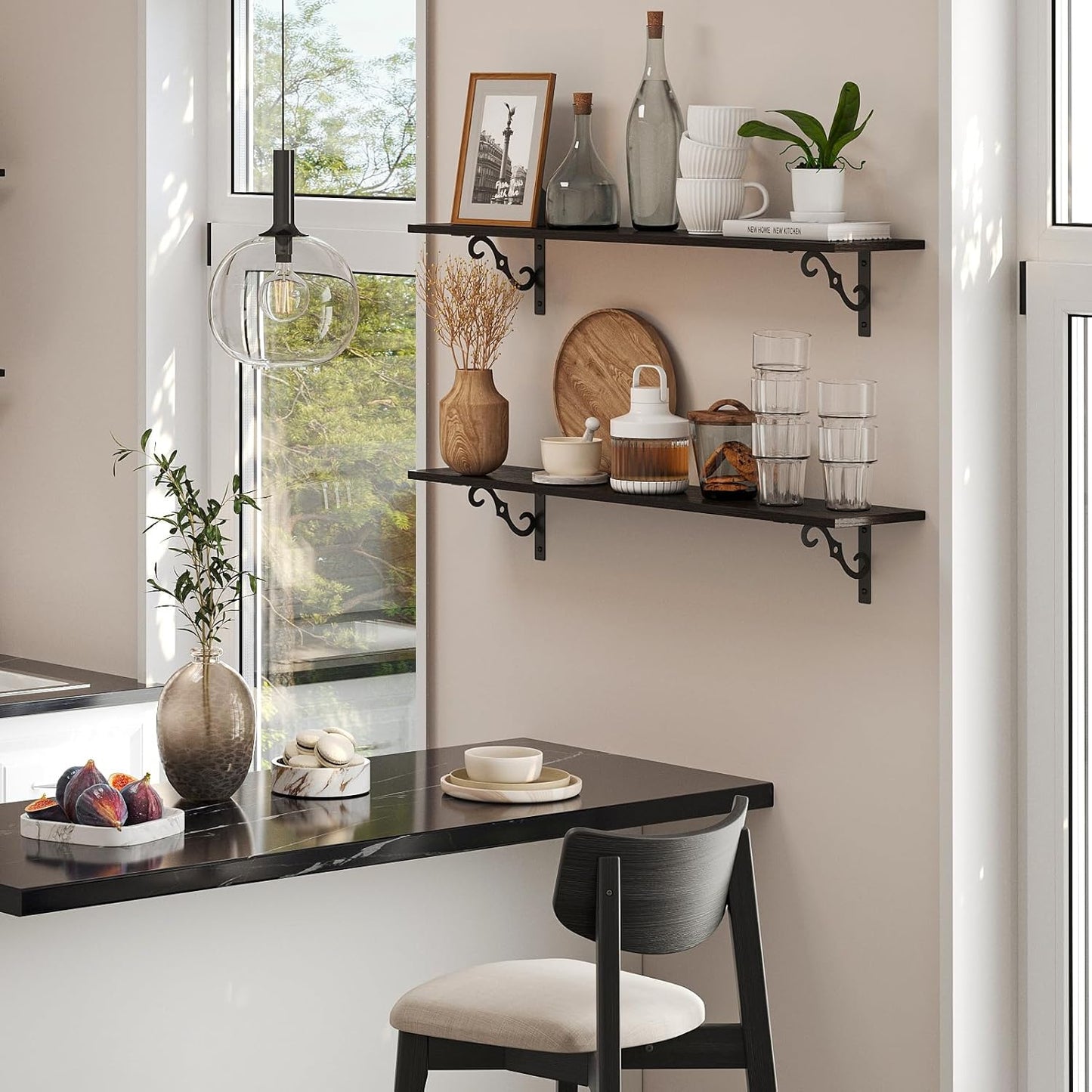 DINZI LVJ Long Wall Shelves, 23.6 Inch Large Floating Shelves Set of 2, Wide Display Shelf Wall Mounted with Brackets, Easy Hanging for Living Room, Toilet, Office, Bedroom, Espresso