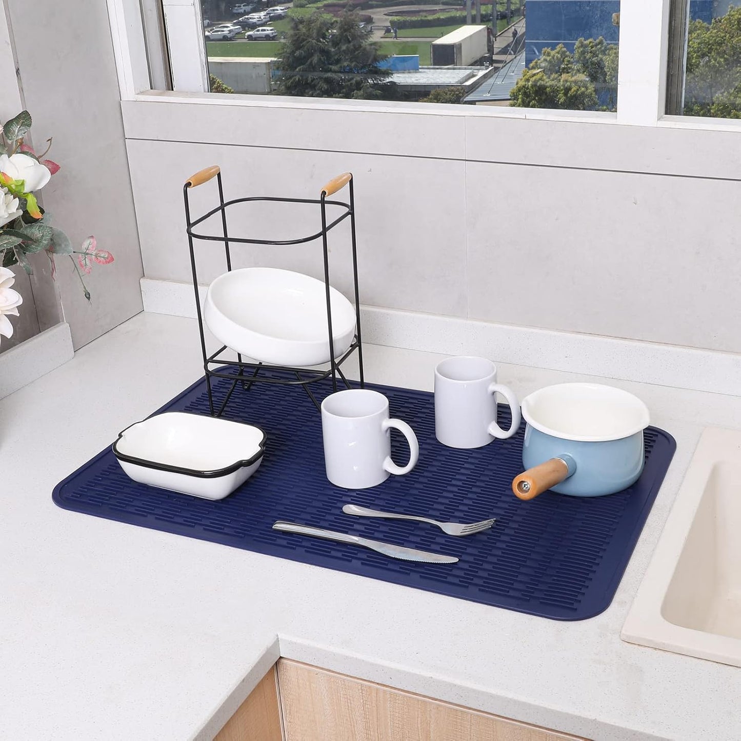 Silicone Dish Drying Mat for Multiple Usage,Easy clean,Eco-friendly,Heat-resistant Silicone Mat for Kitchen Counter or Sink,Refrigerator or Drawer Liner Navy Blue 3XL 28 inches x 18 inches
