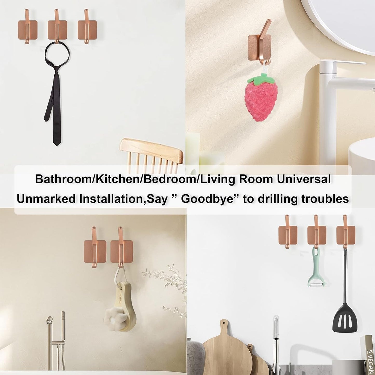 Aluminum Wall Hooks, No Drill Damage-Free Adhesive Hook, Product for Hanging Heavy Duty for Bathroom Kitchen Home (Double Square Rose Gold Hook, 4)