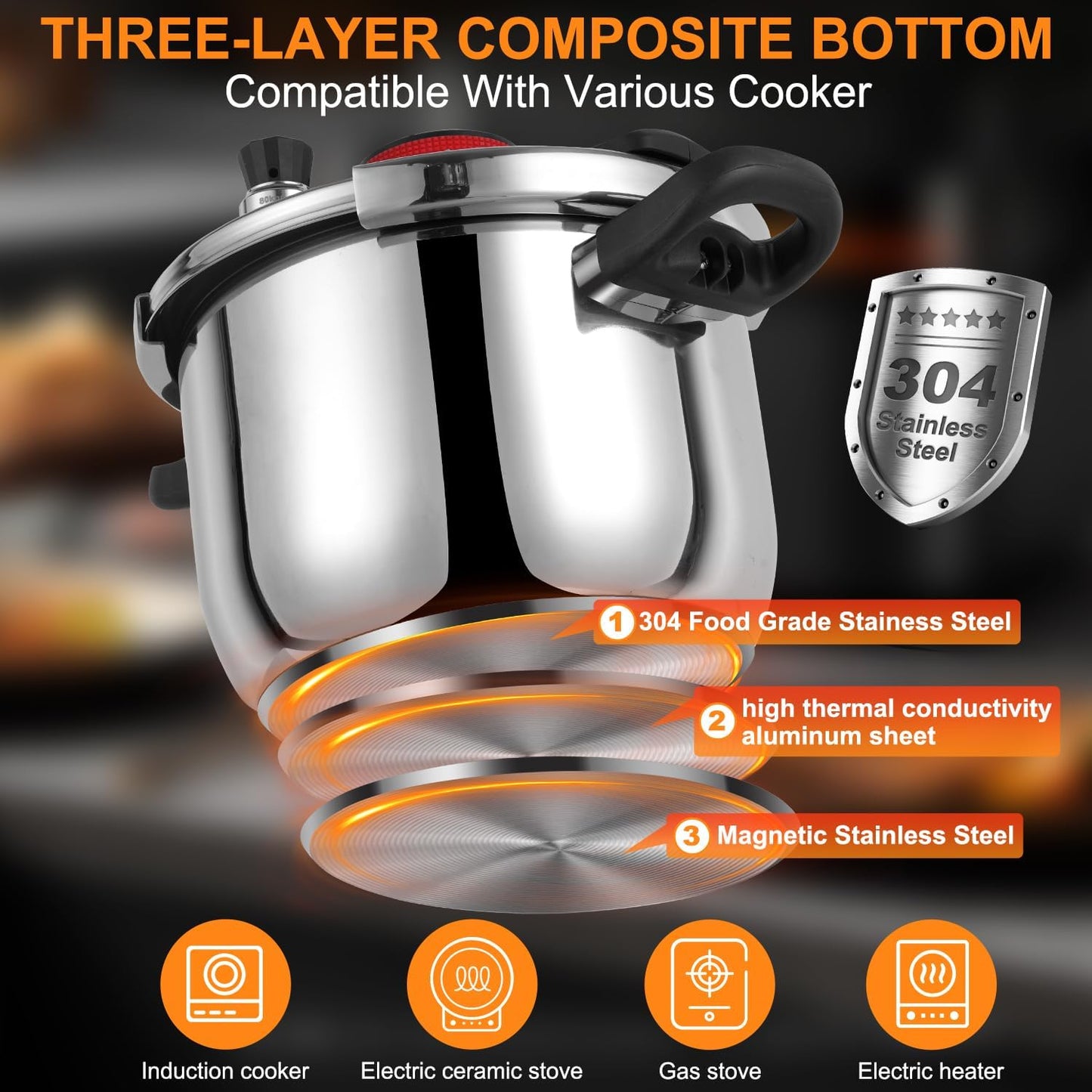 Pressure Cooker 12 QT, Stainess Steel Pressure Canner 12 Quart, Explosion-Proof Cookware, Rotating Lock/Unlock Lid, One-handed lid opening, Thickened Silicone Ring And Anti-scald Handle, Silver