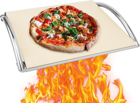 Skyflame 16” Rectangle Pizza Stone and Stainless Steel Rack with Handle, Heavy Duty Baking Stone Ideal for Most Charcoal/Gas Grills, Pizza Oven and Smoker