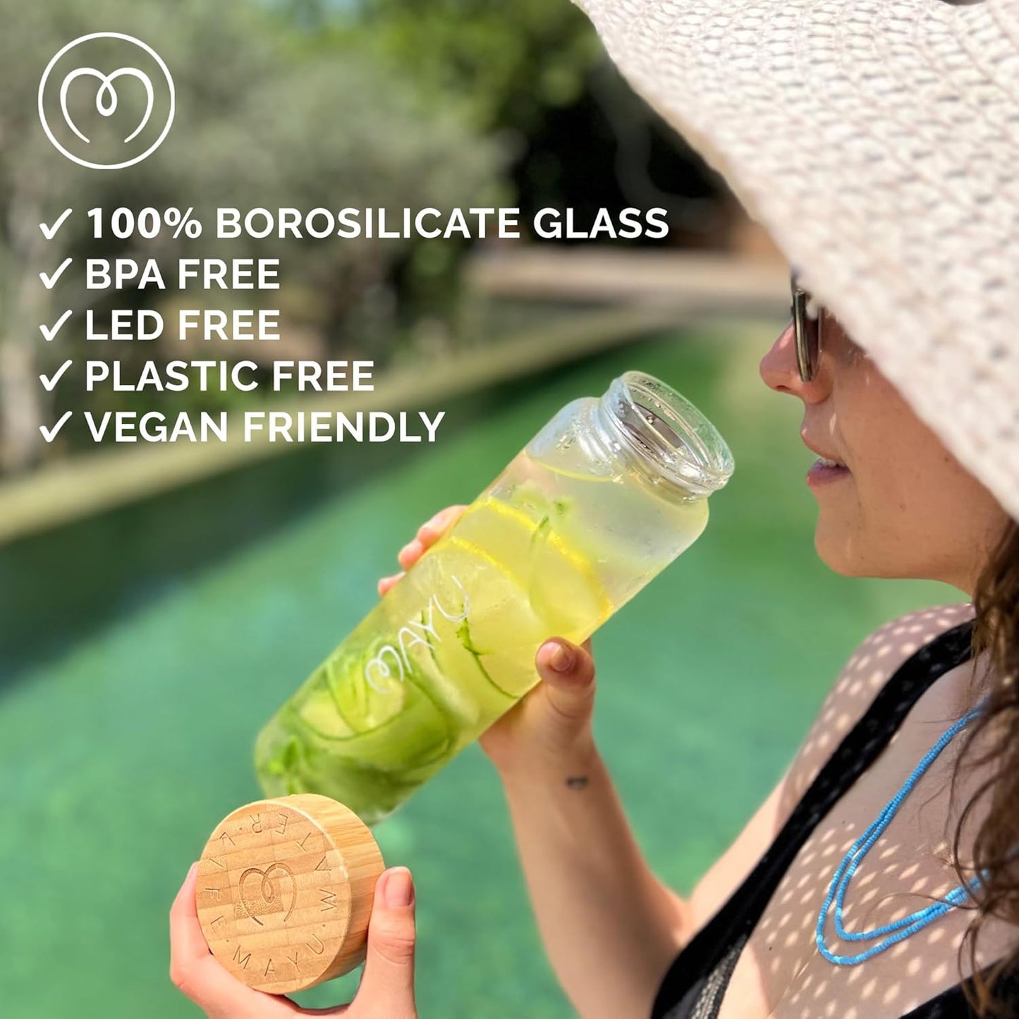 mayu Glass Travel Water Bottle | Sustainable Borosilicate Glass Bottle with Bamboo Lid & Sieve – Plastic-Free, Leak-Resistant Hydration for Home, Gym & On-the-Go (1L)