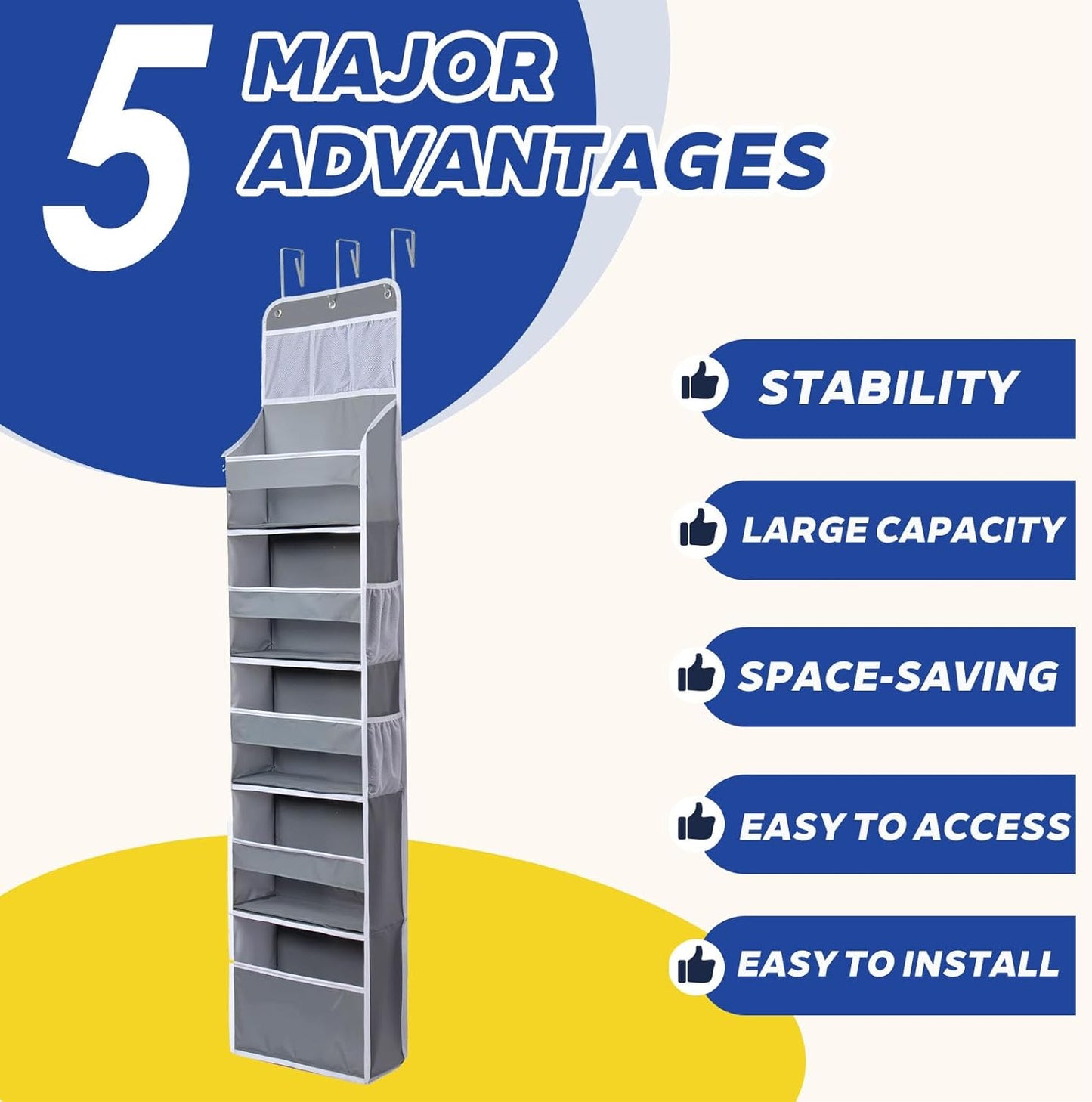 Over The Door Organizer - 6 Capacity Large Pockets & 7 Mesh Compartments, Anti-Tilt Design Holds 44 lbs, for Bathroom, Nursery, Dorm, Pantry & Laundry Storage (Light Grey)