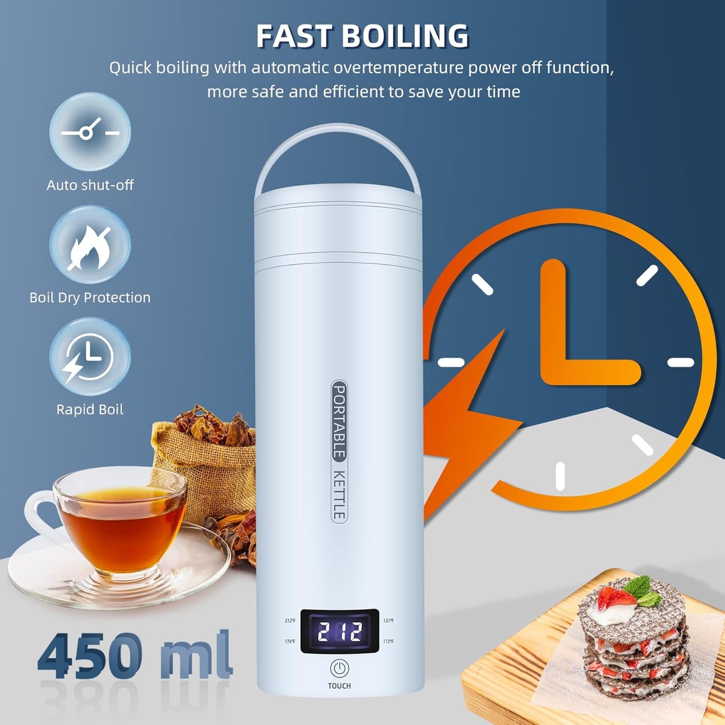 Travel Electric Kettle Portable Small Mini Tea Coffee Kettle Water Boiler, Water Heater with 4 Temperature Control,304 Stainless Steel with Auto Shut-Off & Boil Dry Protection, BPA-Free (Blue)