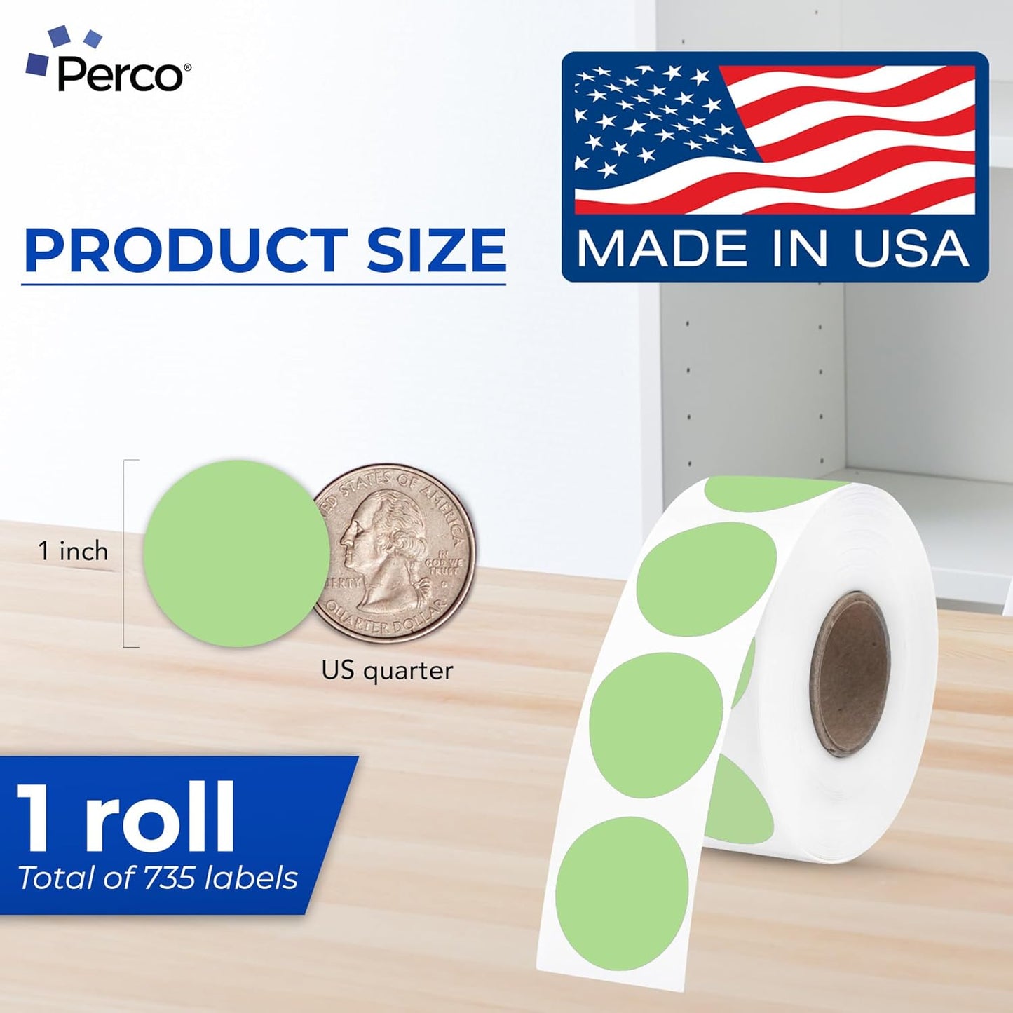 Perco Green 1-Inch Perforated Circle Dot Thermal Sticker Labels — 735 Stickers/Roll, Direct Thermal Printer Compatible—with Permanent Adhesive for Color Coding, Garage Sales, Crafts—Made in USA