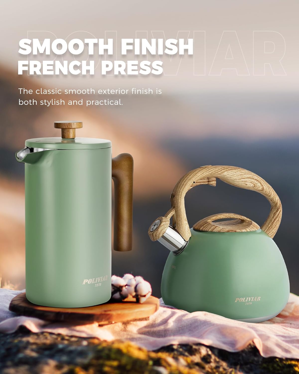 POLIVIAR French Press Coffee Maker, 34 oz Coffee Press with Real Wood Handle, Double Wall Insulation & Dual-Filter Screen, Food Grade Stainless Steel for Good Coffe and Tea (Flatland)