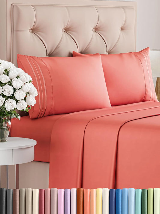 Full Size 4 Piece Sheet Set - Comfy Breathable & Cooling Bed Sheets Set - Hotel Luxury Bedding for Women, Men, Kids, Teens, Boys & Girls - Deep Pockets, Ultra-Soft and Wrinkle Free - Oeko-Tex - Coral