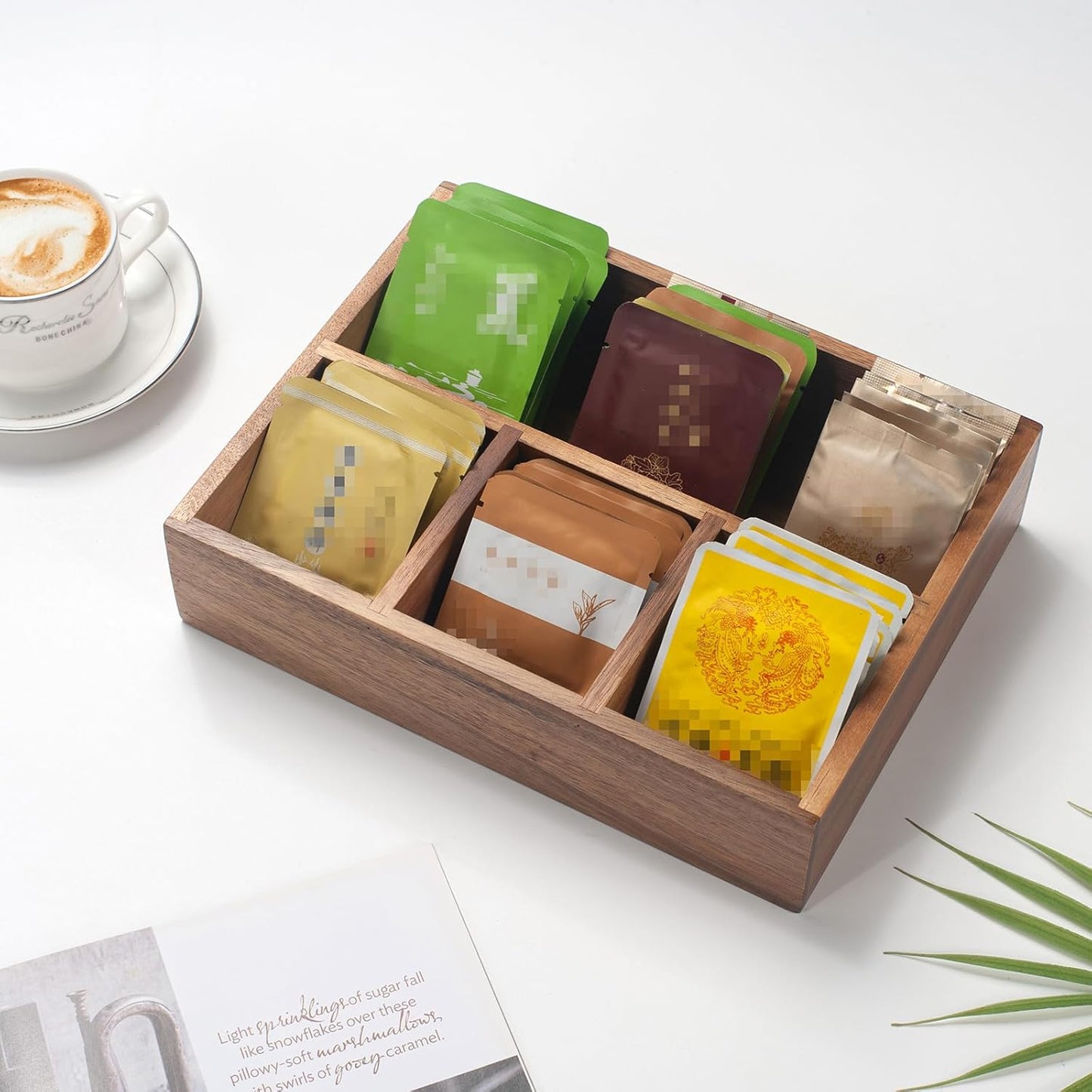 Tea Bag Holder, Acacia Wood Tea Bag Storage Organizer, Tea Candy Basket, Sugar Packet Organizer, Coffee Station Condiment Organizer