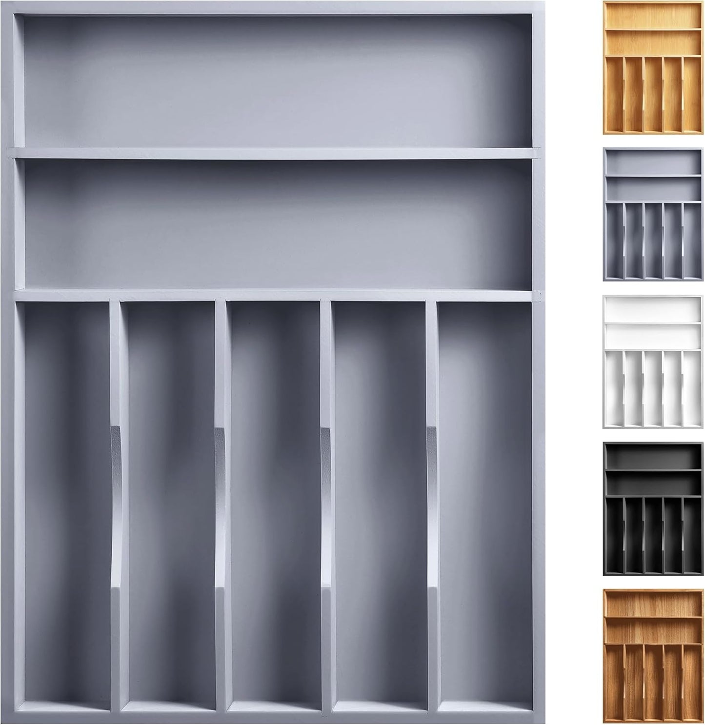 Kitchen Bamboo Silverware Organizer, Kitchen Drawer Organizer - Utensil Holder and Cutlery Tray with Grooved Drawer Dividers for Flatware 7 Slot, Grey