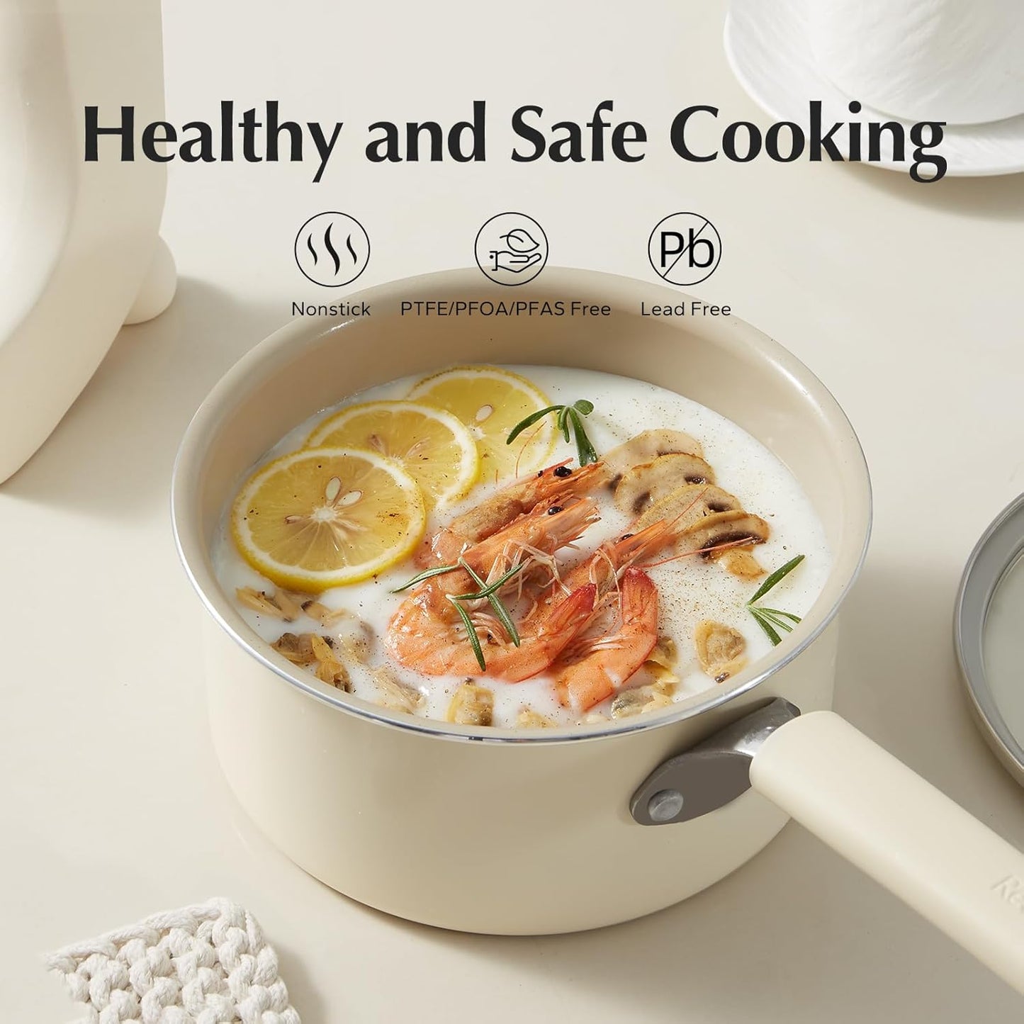 Redchef Ceramic Nonstick Saucepan with Lid, 1.5QT Small Cooking Pot, Non Toxic Sauce Pans for Kitchen, Cool Handle PFAS Free Compatible with All Cooktops, White