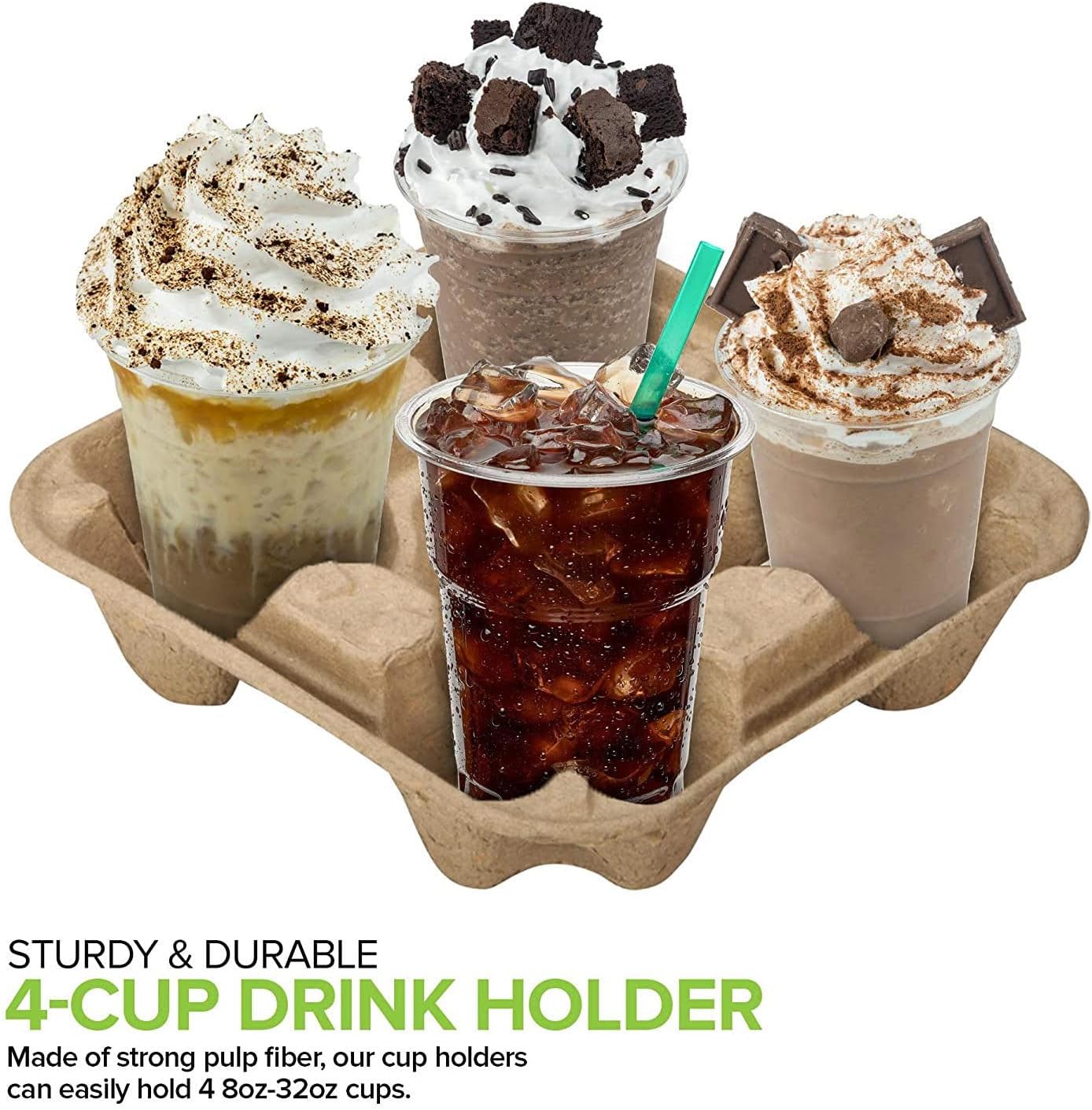 4 Cup Disposable Coffee Tray (25 Count) - Commercially Compostable Cup Holder - Durable Drink Carrier for Hot or Cold Drinks, Uber Eats - to Go Coffee Cup Holder for Food Delivery Service