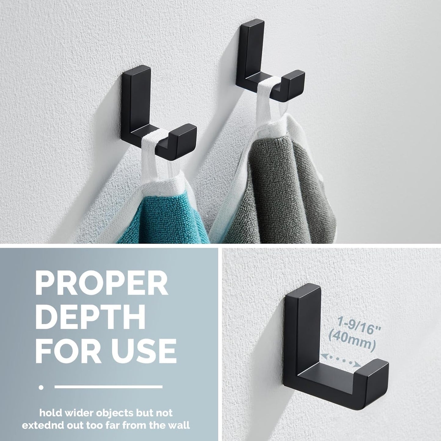 Angle Simple Towel Hook Matte Black 2 Pack, 304 Stainless Steel Bathroom Coat Robe Hook for Wall