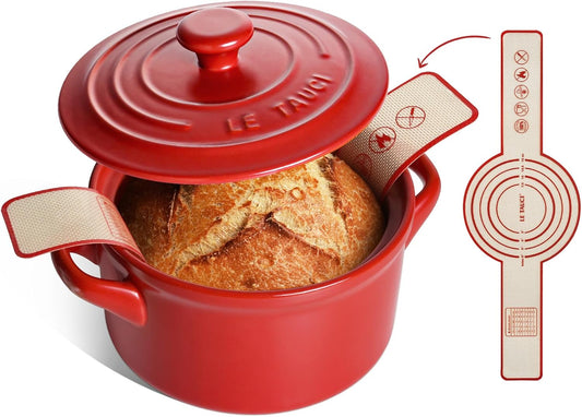 LE TAUCI 3 qt Ceramic Dutch Oven for Bread Baking with Silicone Sling- Lightweight, Non-Toxic, No Seasoning Needed- Oven, Microwave & Dishwasher Safe, Ideal for Home Bakers & Beginners, Chili Red