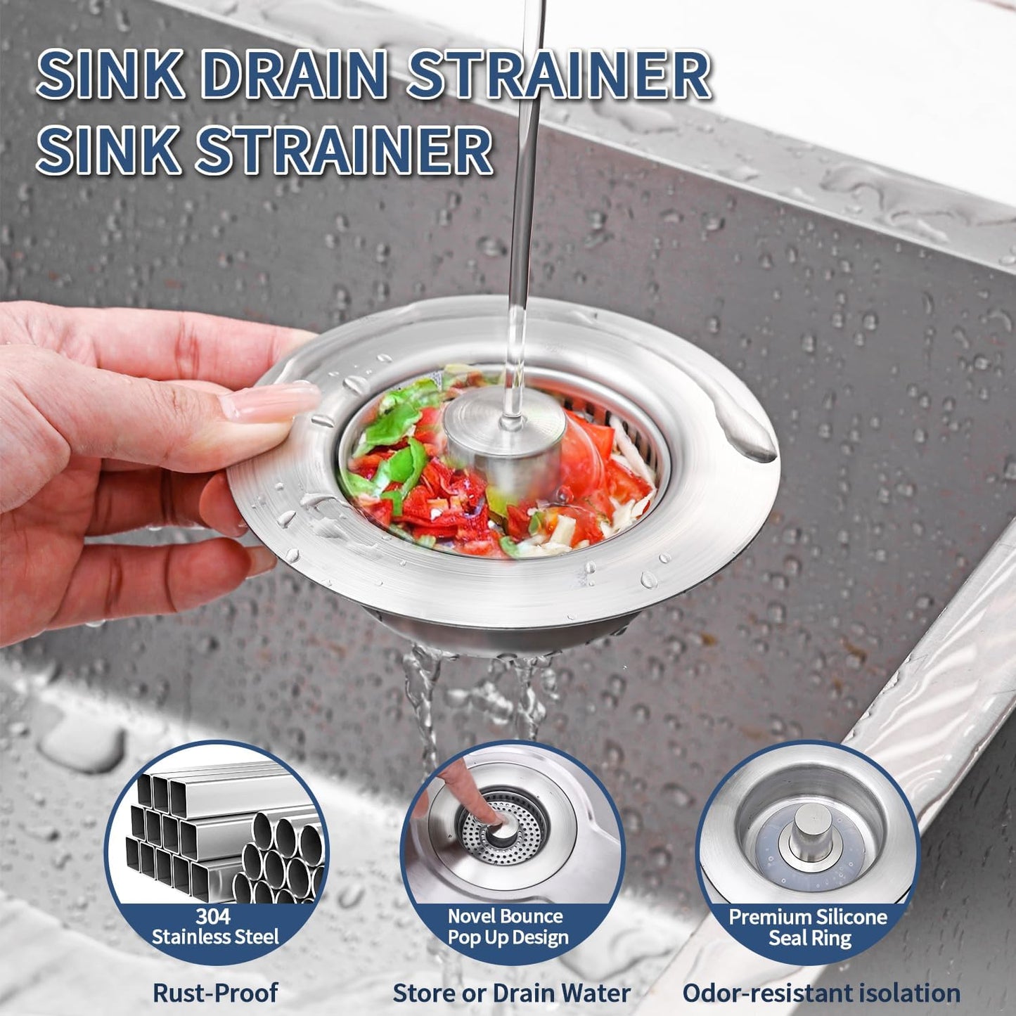 3-in-1 Kitchen Sink Drain Strainer - Pop Up Sink Stopper, Stainless Steel Sink Drain Strainer, Kitchen Sink Stopper & Drain Plug with Anti-Clogging Basket,Sink Strainer Fits US Standard 3-1/2'' Drains