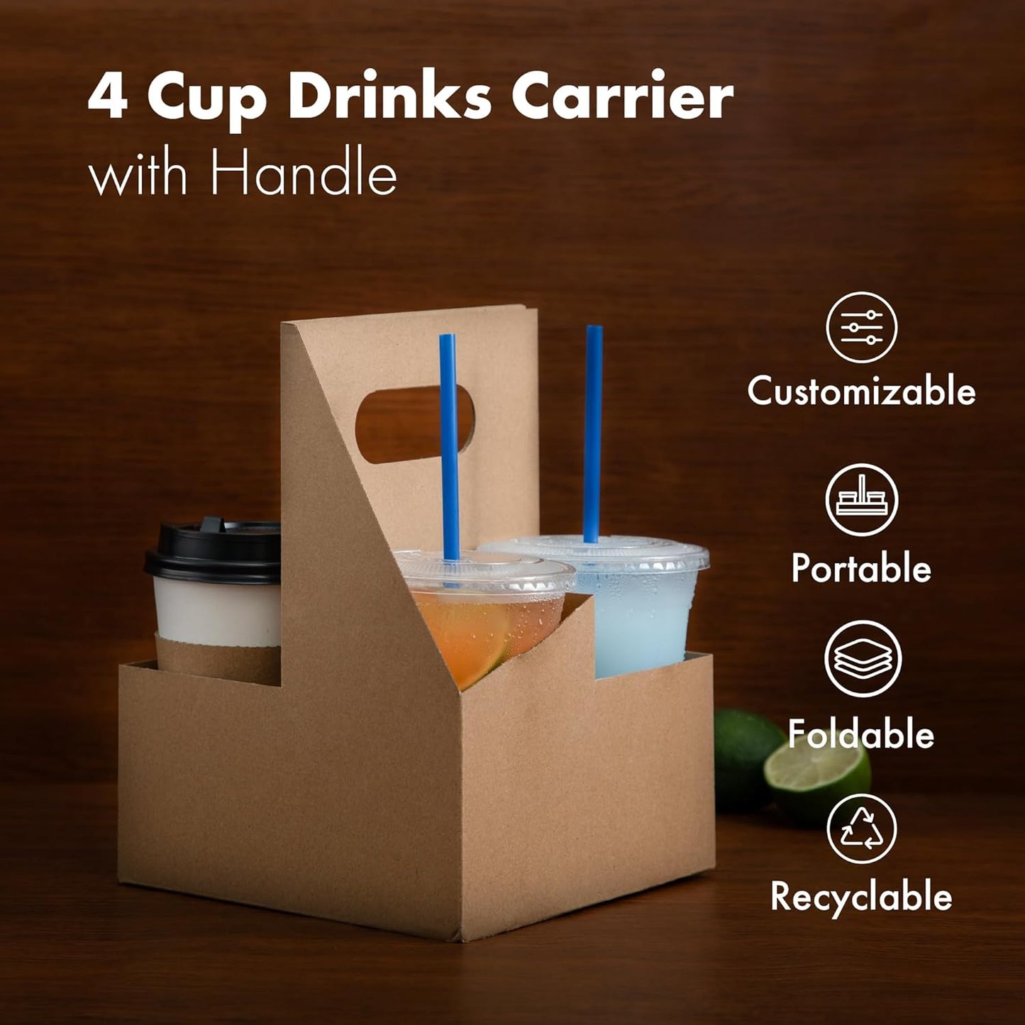 FMP Brands 4 Cup Disposable Drink Carrier with Handle, 200 Pack Kraft Paperboard Handled Cup Carrier, 12-30 oz to Go Coffee Cup Holder, Cold Hot Drinks, Takeout, Cafe and Restaurant