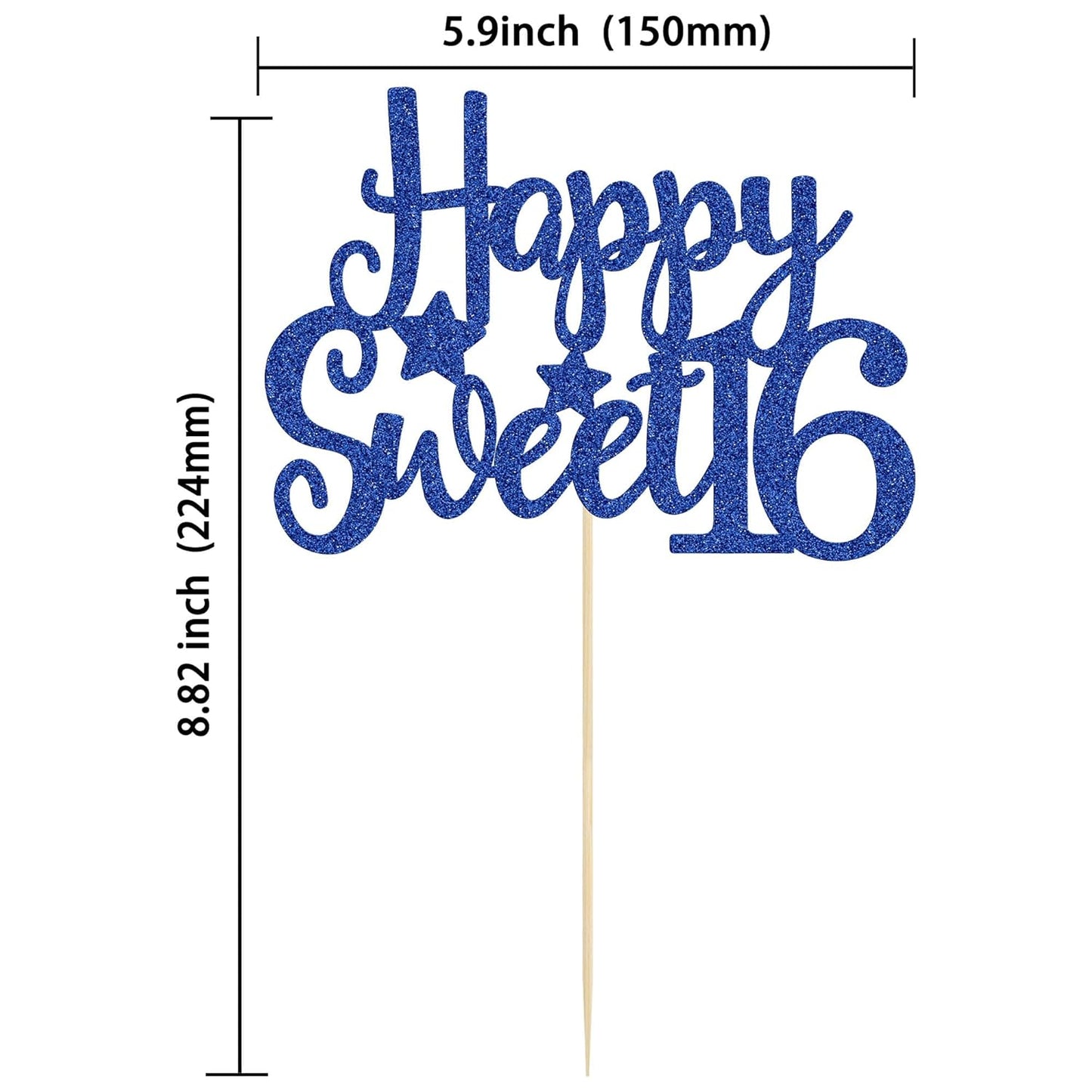Gyufise 1Pc Happy Sweet 16 Cake Topper Blue Glitter Sweet 16 Birthday Cake Decoration Happy 16th Birthday Decorations for Girls Boys Party Supplies