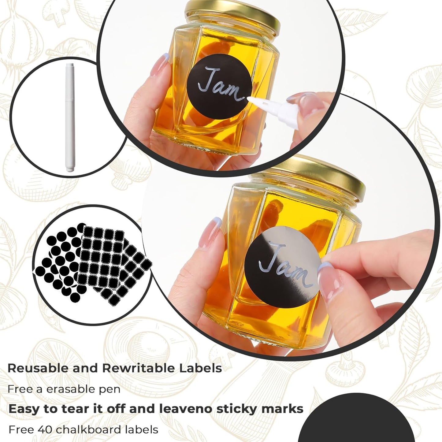 9 oz Hexagon Glass Jars with Gold Lids, 20 Pcs Canning Jars for Jam, Honey, Jelly, Candy, Candle, Wedding Favors, Baby Shower Favors, Spice Jars Crafts with Stickers and Pen for Labeling