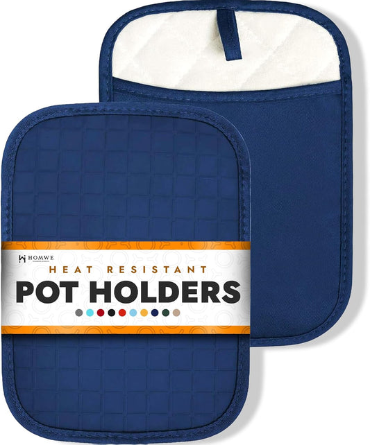 HOMWE Silicone Kitchen Pot Holders with Pockets, 2 Pc Set Trivet, Steam and Heat Resistant Hand and Countertop Protection Hot Pads, Non-Slip Grip potholders, Terrycloth Interior Lining, Navy Blue