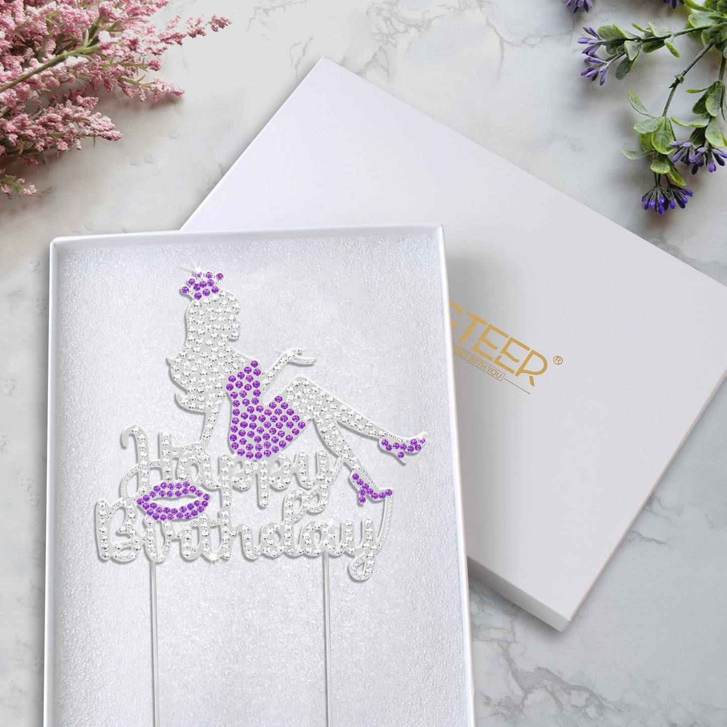 LINGTEER Happy Birthday Crown Queen Lady Rhinestone Cake Topper - Cheers to Makeup Spa Birthday Party Cake Centerpieces Decorations Gift Sign - Purple