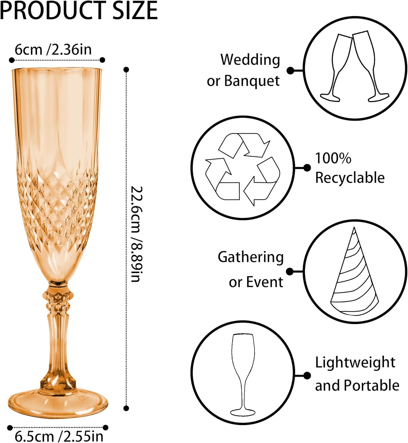 Plastic Champagne Flutes, 12PCS Gold Plastic Wine Glasses Goblets Reusable Champagne Flute for Weddings, Bachelor Parties, Toasting, and Events(12, Gold)