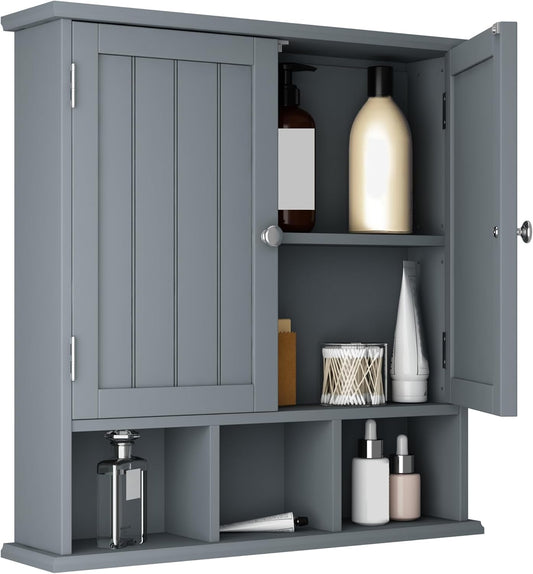 ChooChoo Bathroom Cabinet Wall Mounted 2-Door with 3 Open Shelves, Wooden Medicine Cabinets with Adjustable Shelf, Space Saver Storage Cabinets Over The Toilet for Bathroom&Living Room, Grey