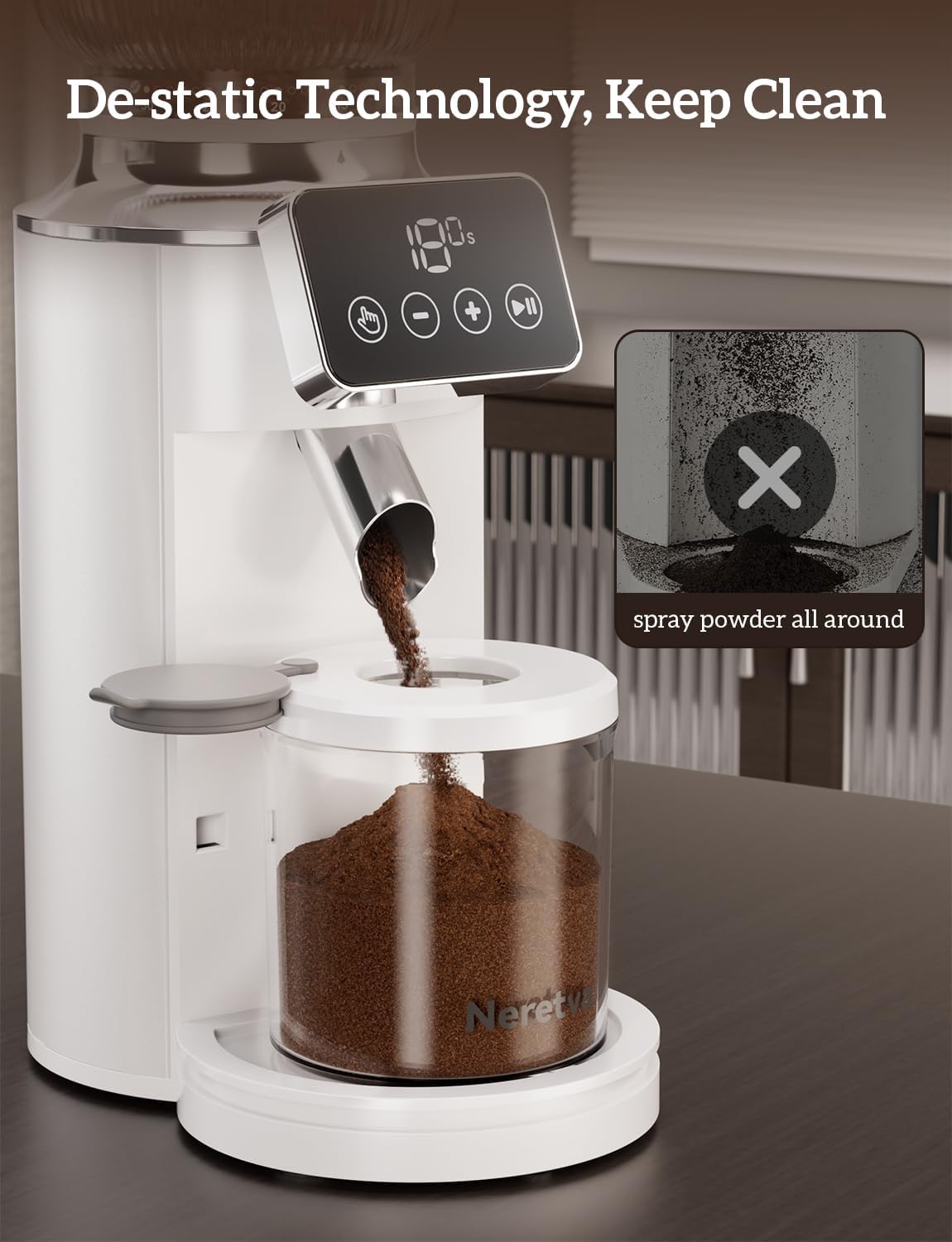 Neretva Burr Coffee Grinder, 2 in 1 Professional Espresso Grinder Stainless Steel Suit 51~58mm Portafilter Coffee Bean Grinder 30 Precise Setting & Anti-Static for Espresso/French Press/Drip/Cold Brew