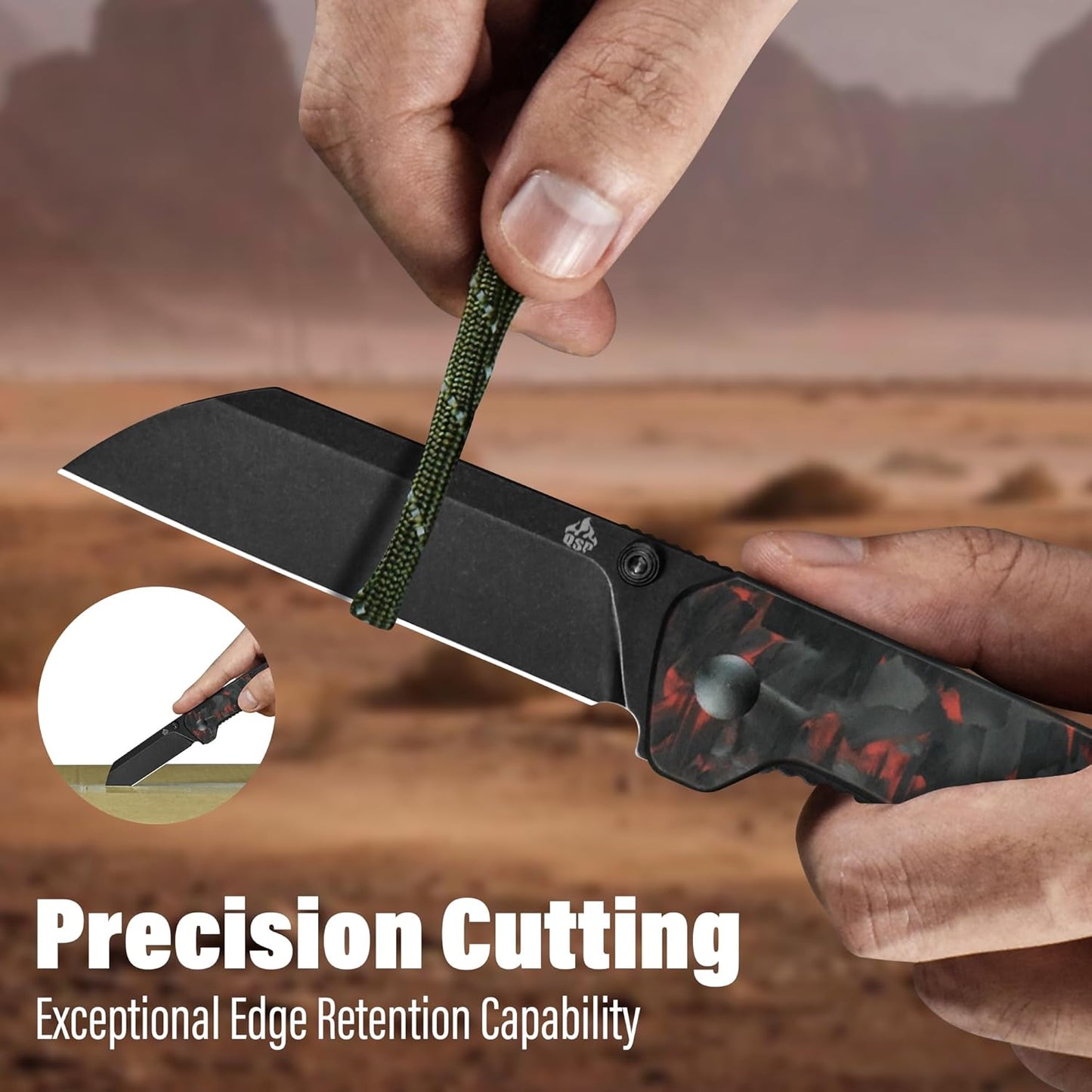 QSP Penguin V2 Folding Pocket Knife, 3.06" D2 Black Stonewash Blade EDC Knife, Red Shredded CF Overlay G10 Handle, Liner Lock, Ceramic Ball Bearings, Reversible SS Deep Carry Clip