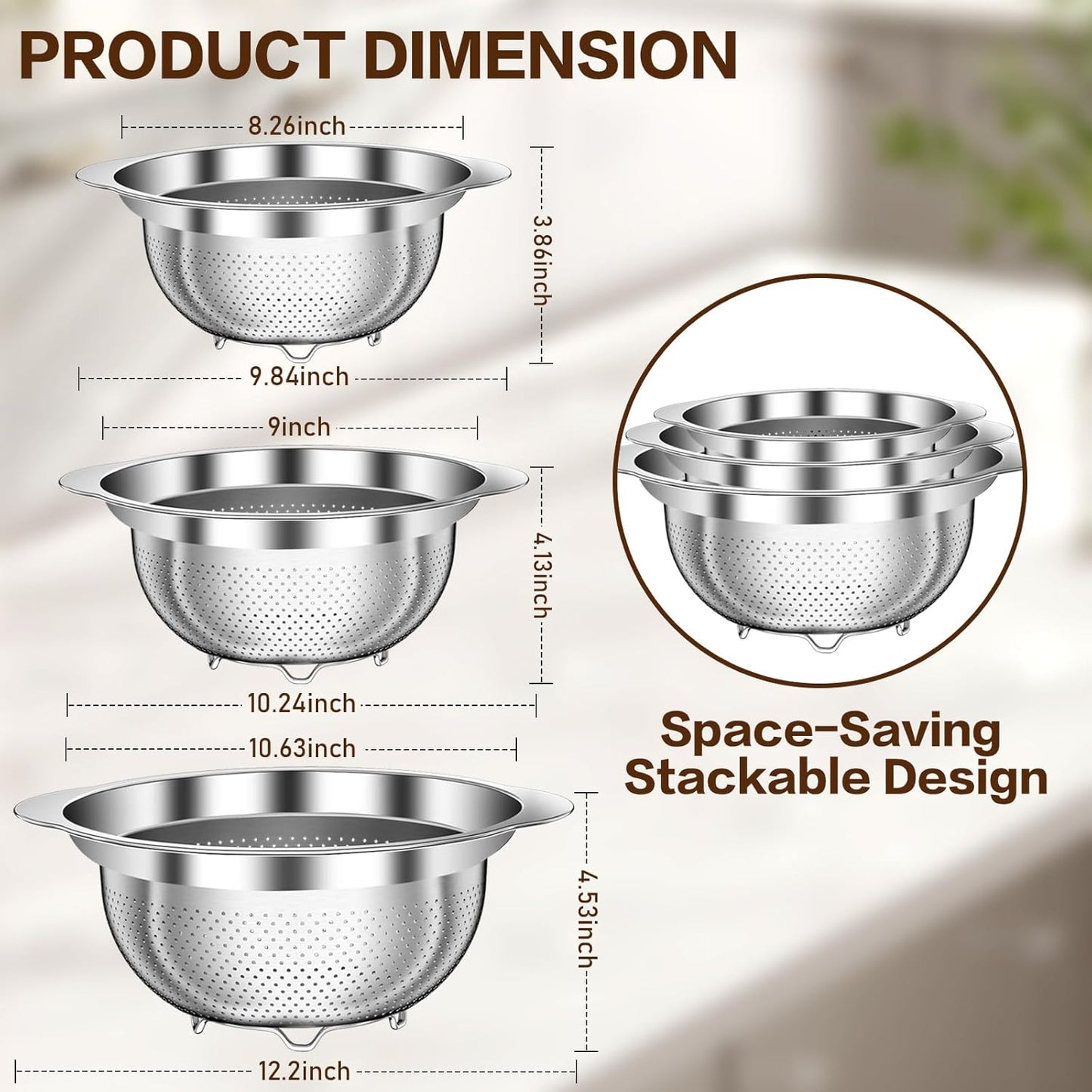 Stainless Steel Colander for Kitchen, Stainless Steel Strainer, Pasta Strainer for Spaghetti Fruits Vegetables Cooking Food, 3 Pcs Strainers and Colanders(2QT, 3QT, 5QT), Dishwasher Safe, Silver