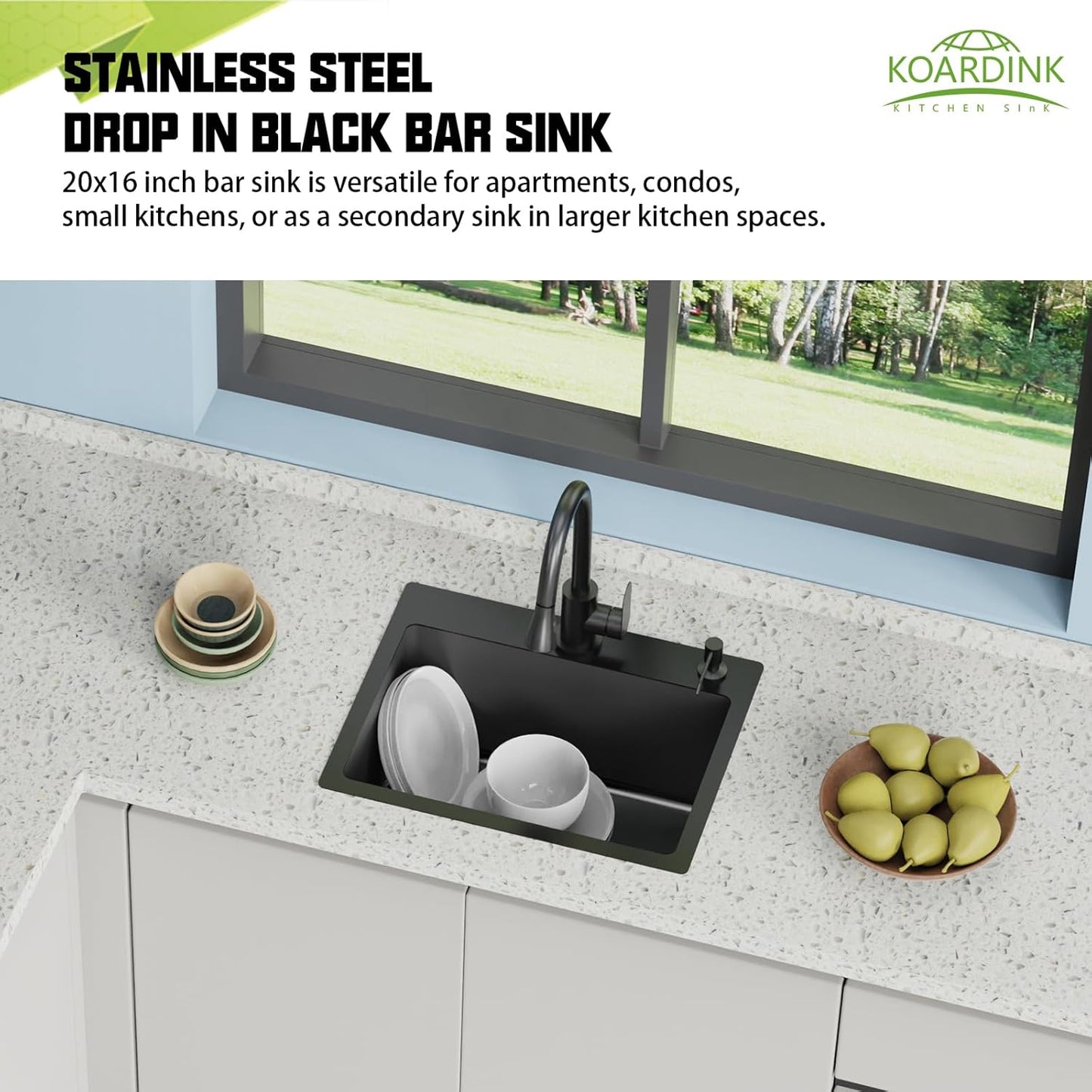 Black 20x16 In Kitchen And Bar Sink- Stainless Steel Drop In Kitchen Sink Modern Single Bowl Topmount Bar Sink With Silicon Mat,Drain Strainer Set Compatibility With Various Kitchen & Bar Style