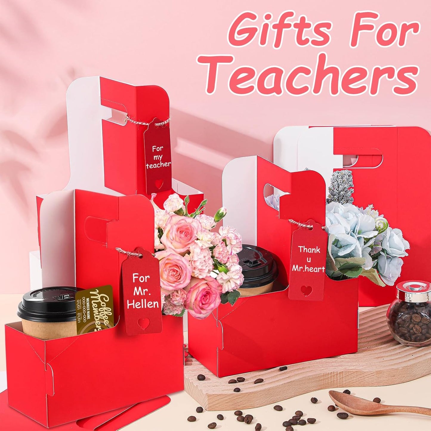 10 Pack 2 Cup Disposable Drink Carrier with Handle Paperboard Coffee Cup Holder Portable for Hot Cold Drinks Food Delivery Services with Heart Card for Teacher Appreciation Week Mother's Day