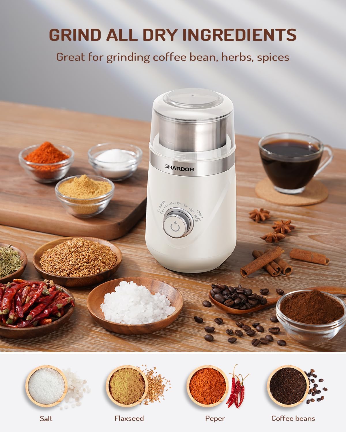 SHARDOR Electric Super Silent Blade Coffee Grinder, Timed Grind Control Rotary Knob, Adjustable Coarse to Fine for Coffee Beans, Spices & Herbs, with 1 Removable Stainless Steel Bowl, Cream