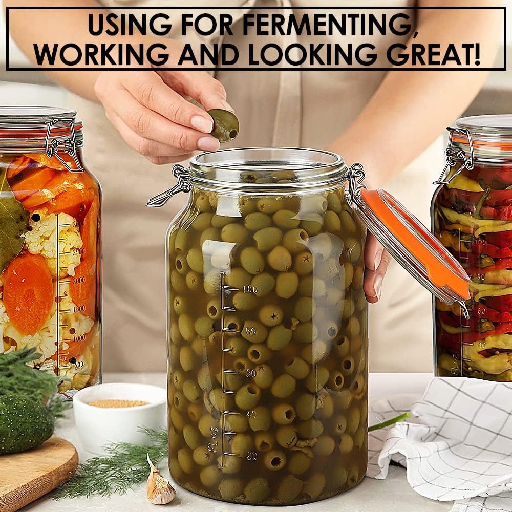 Super Wide-Mouth Glass Jars with Hinged Lids, 1-Gallon (4100 ML) Leak Proof Glass Canning Jars with Airtight Lids and 2 Measurement Marks. Large Capacity, Sturdy For Canning, Overnight Oats, 2-Pack