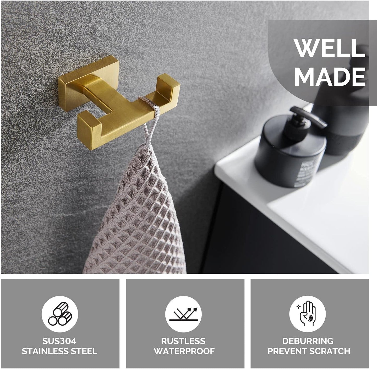 Angle Simple Towel Hook for Bathroom, SUS 304 Stainless Steel Hand Towel Holder, Double Robe Coat Hook for Wall, Brushed Gold