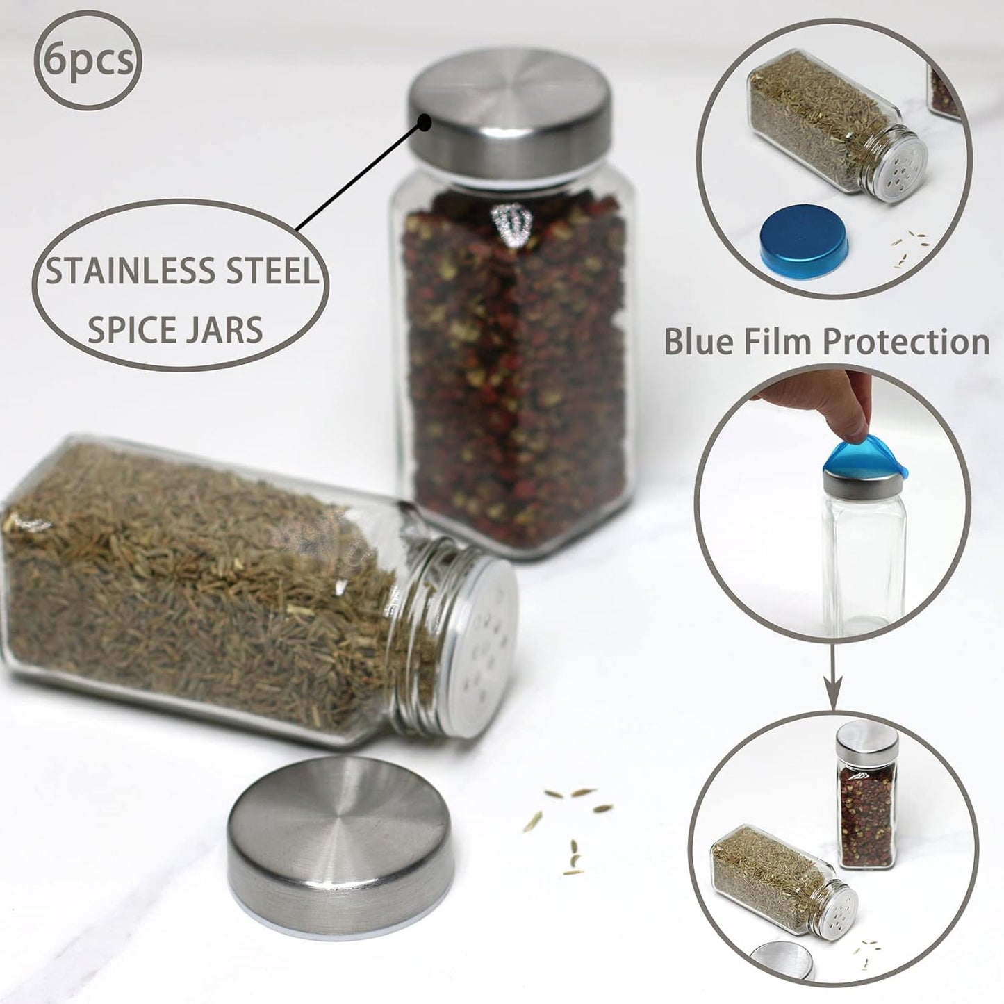 6pcs Spice Jars, 4 oz Glass Seasoning Bottles, Spices Container, Empty Spice Jars, Square Spice Bottles with Airtight Stainless Steel Caps with Shaker Lid