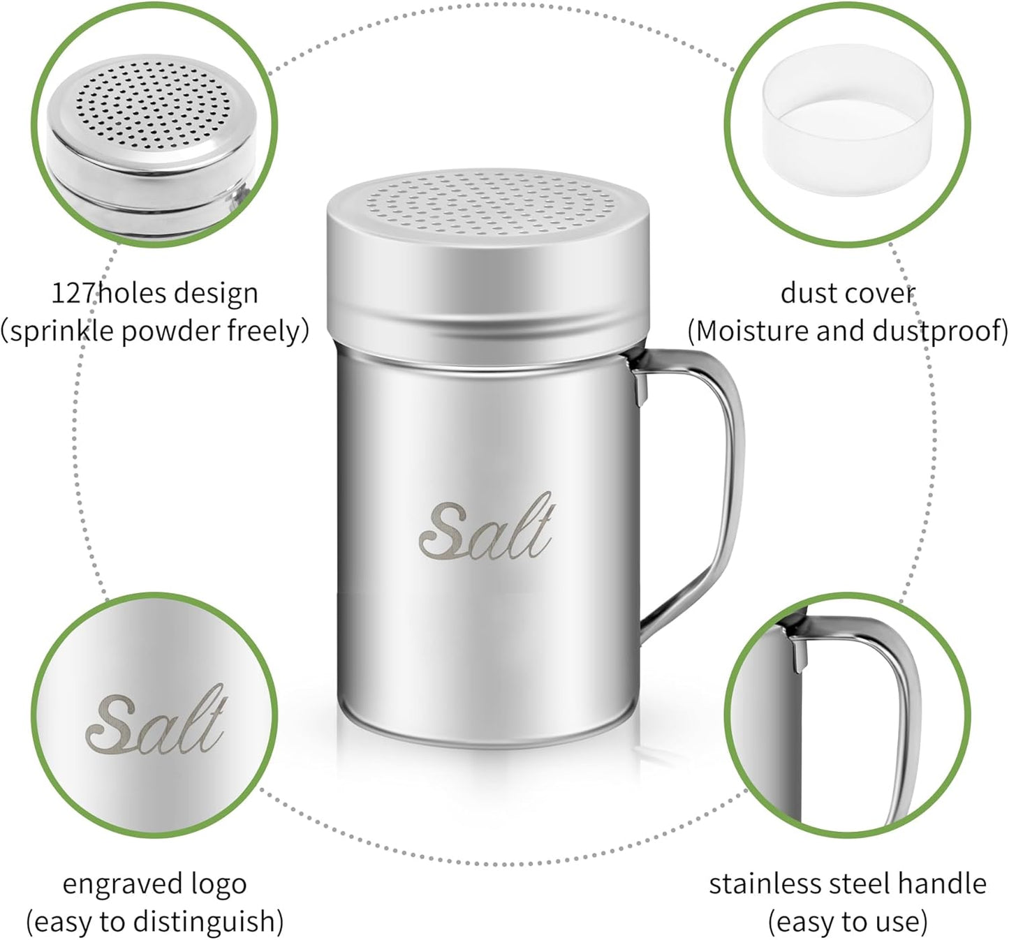 Stainless Steel Salt and Pepper Shakers Set, 14 OZ Seasoning Spice Shaker with Lid and Handle 127 Holes, Metal Dredge Shaker for Powder Sugar Cooking Kitchen Baking (2 Pieces)