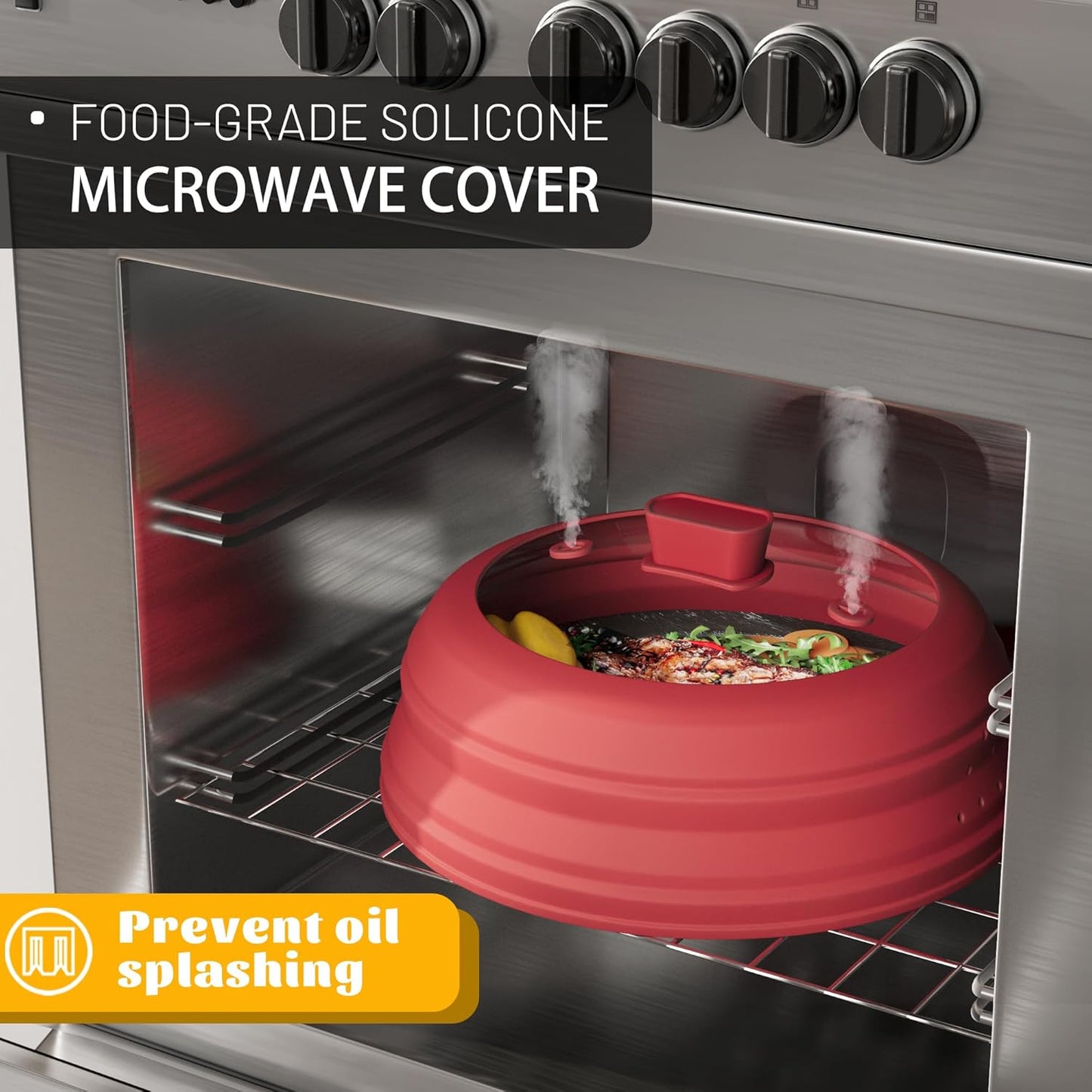 Microwave Splatter Cover, Vented Silicone and Glass Cover Splatter Guard Lid, Food Collapsible Plate Cover Lid with Easy Grip Handle. (Red, 9 inch)