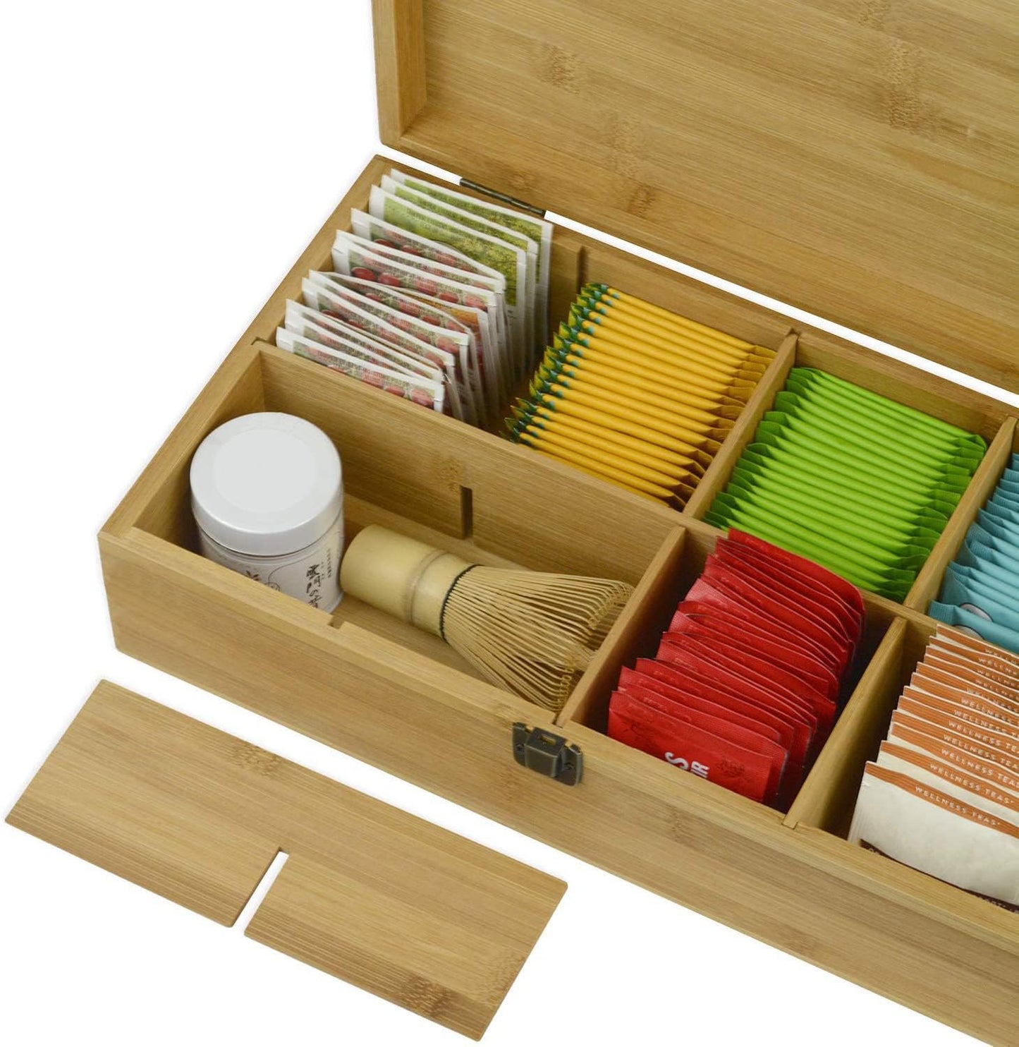 Bamboo Tea Organizer Box Chemical Free Eco-Friendly Big, Tall, Adjustable Cubbies Natural Wooden Storage Chest (8-Slot 14.3" x 8.1" x 4.2" with Tea Leaf design)