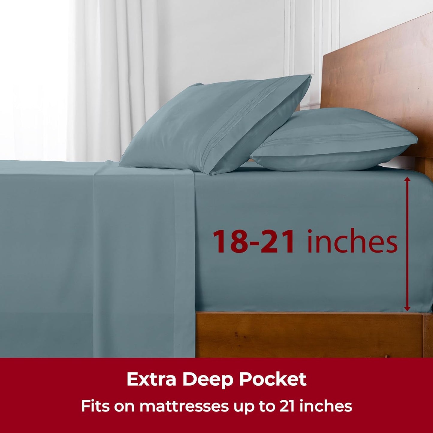 Mellanni Extra Deep Split King Sheets - 5 PC Iconic Collection Bedding - Hotel Luxury, Ultra Soft, Cooling Bed Sheets - Wrinkle, Fade, Stain Resistant (Split King, Spa Blue)