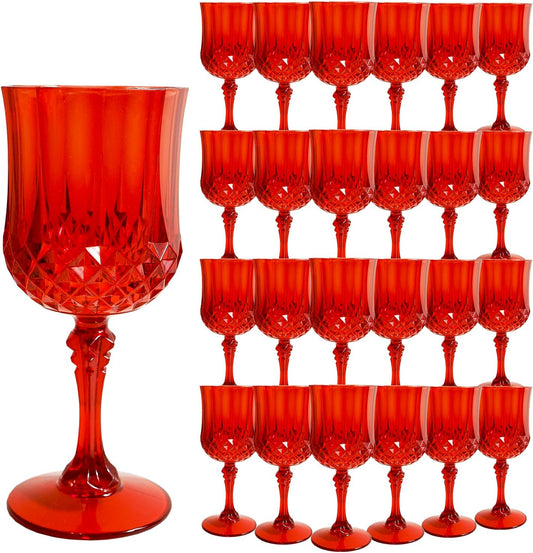 Plastic Wine Glasses，Plastic Goblets Vintage Style Cordial Drinking Glasses for Wedding Reception, Grand Event Party Supplies (24, Red)